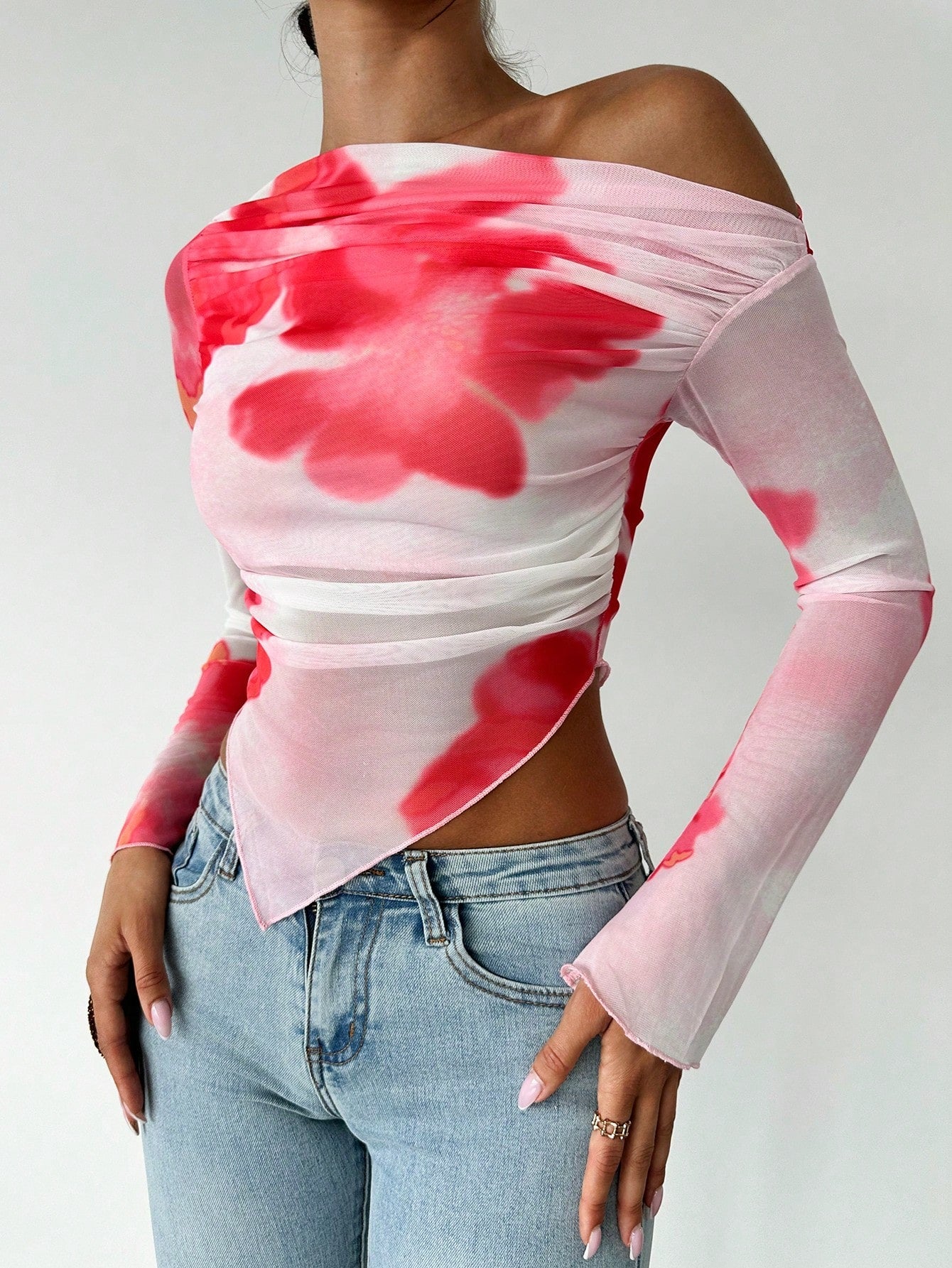 Women's Elegant Asymmetric Hem Tie-Dye Gradient Print Open Shoulder Long Sleeve T-Shirt, Graphic Tee - Image 9
