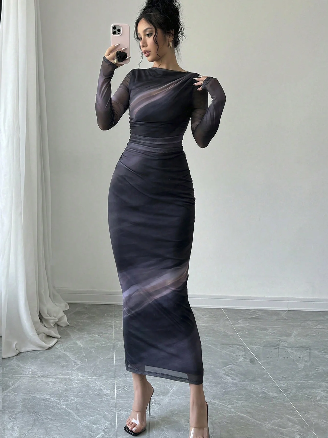 Women's Elegant Long Sleeve Tie-Dye Print Pleated Dress,Tie Dye Printed Long Sleeve Long Maxi Bodycon Elegant Dress, Asymmetric Collar Long Sleeve Elegant Dress For Dating