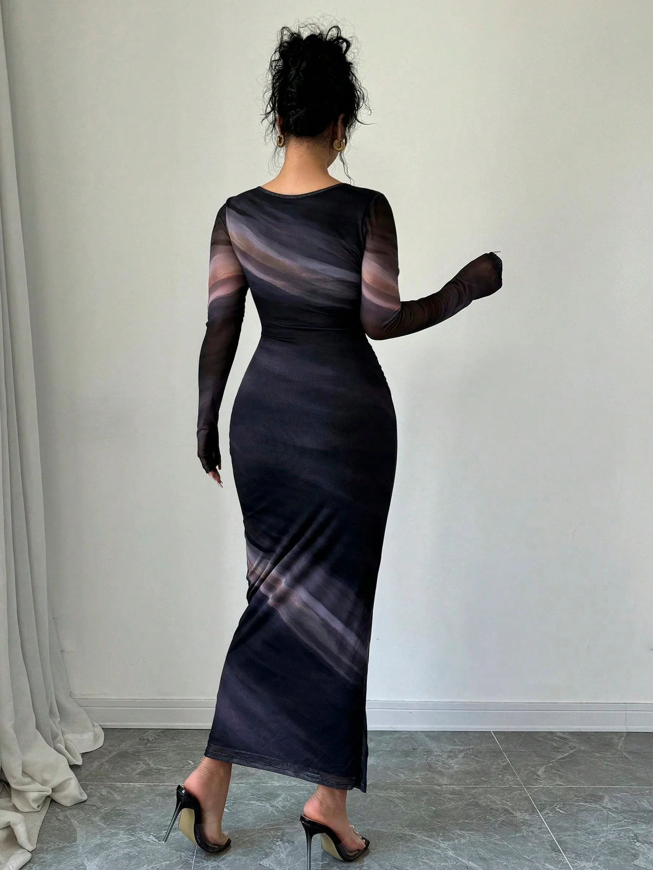 Women's Elegant Long Sleeve Tie-Dye Print Pleated Dress,Tie Dye Printed Long Sleeve Long Maxi Bodycon Elegant Dress, Asymmetric Collar Long Sleeve Elegant Dress For Dating - Image 3