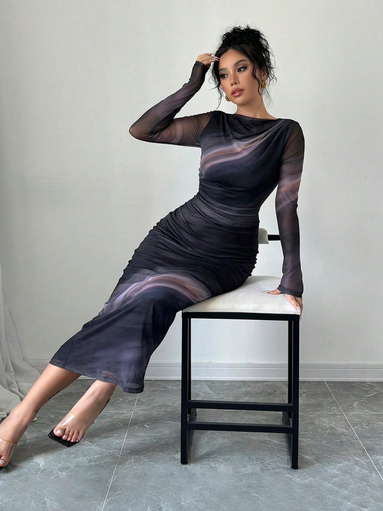 Women's Elegant Long Sleeve Tie-Dye Print Pleated Dress,Tie Dye Printed Long Sleeve Long Maxi Bodycon Elegant Dress, Asymmetric Collar Long Sleeve Elegant Dress For Dating - Image 4