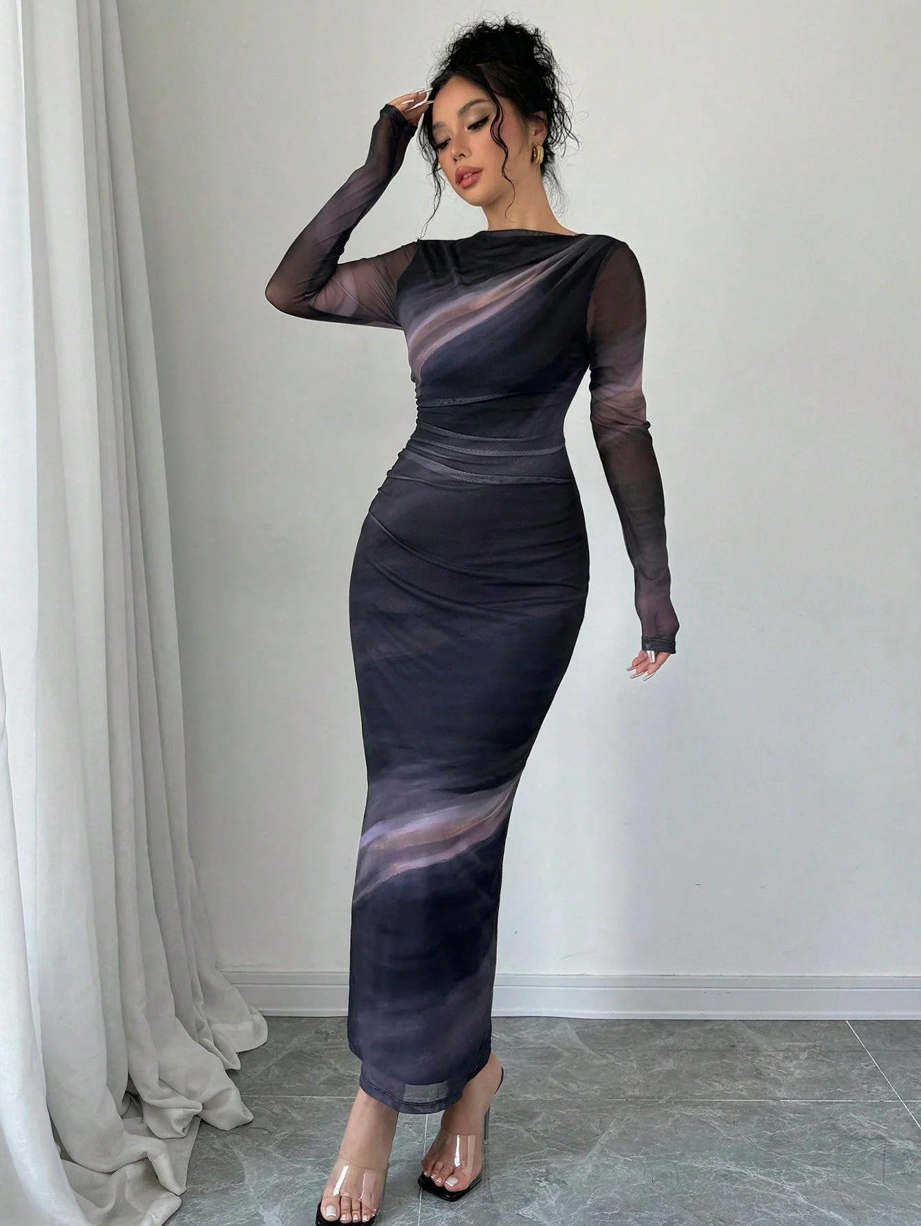 Women's Elegant Long Sleeve Tie-Dye Print Pleated Dress,Tie Dye Printed Long Sleeve Long Maxi Bodycon Elegant Dress, Asymmetric Collar Long Sleeve Elegant Dress For Dating - Image 5