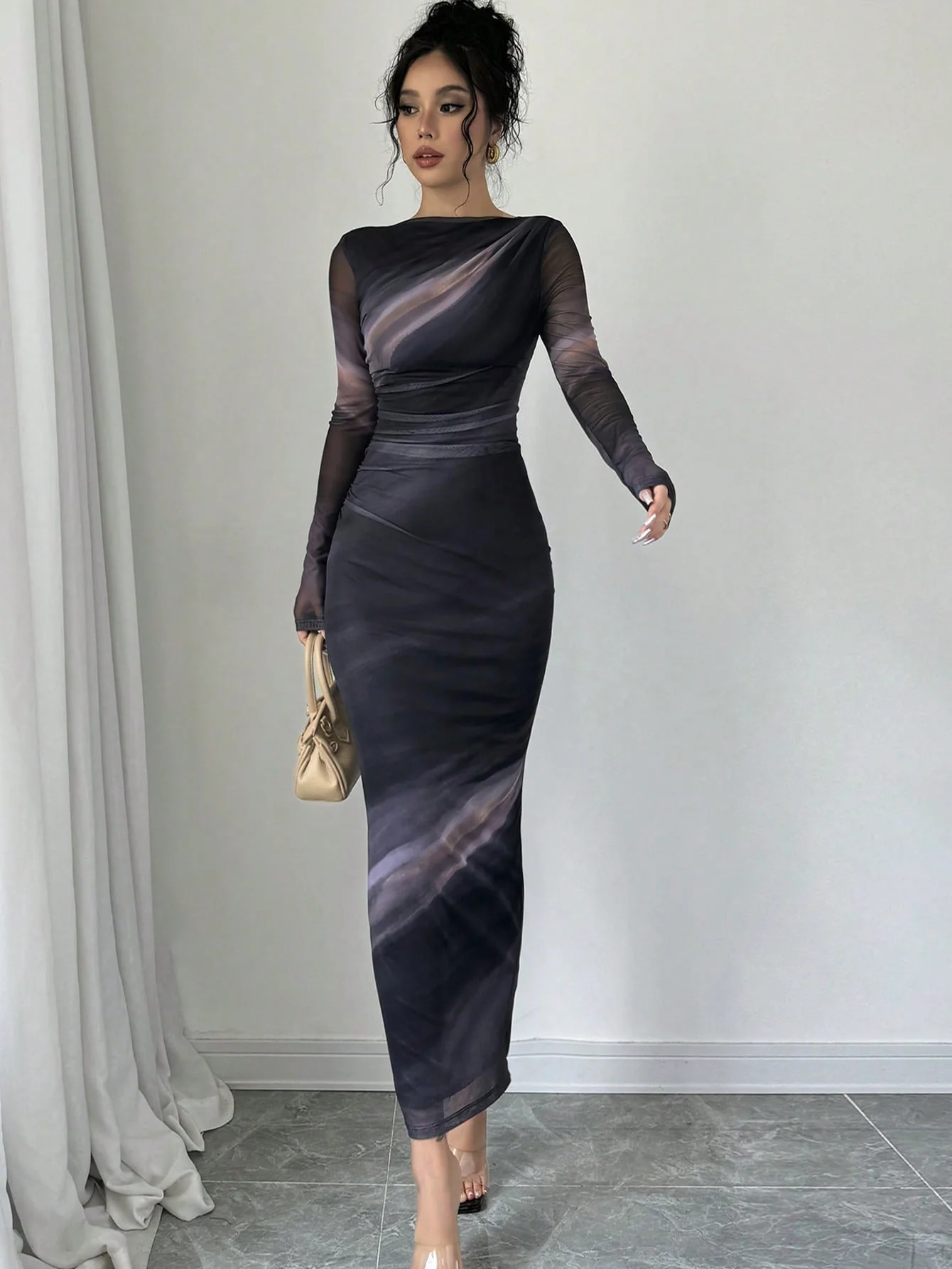 Women's Elegant Long Sleeve Tie-Dye Print Pleated Dress,Tie Dye Printed Long Sleeve Long Maxi Bodycon Elegant Dress, Asymmetric Collar Long Sleeve Elegant Dress For Dating - Image 6