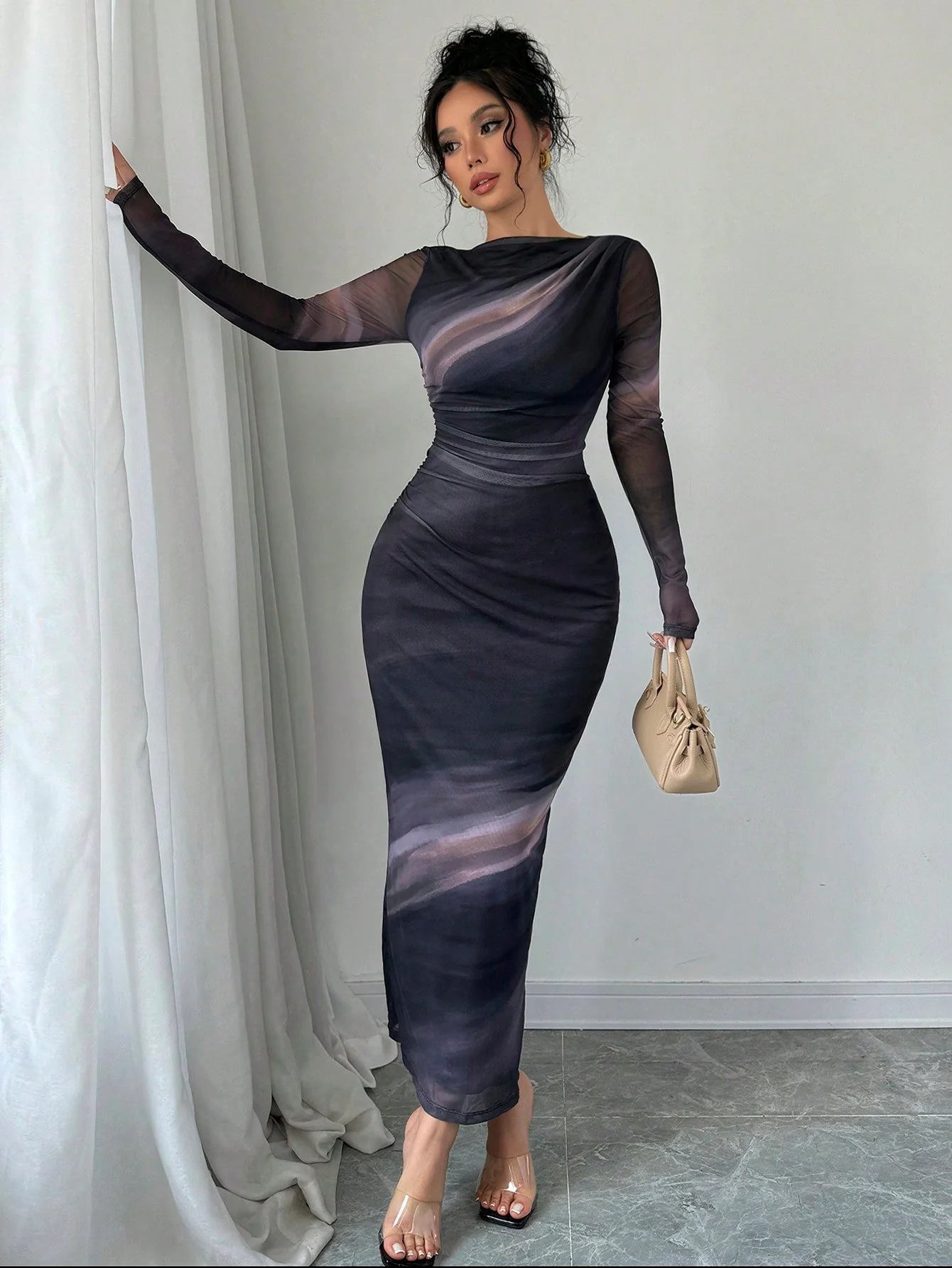 Women's Elegant Long Sleeve Tie-Dye Print Pleated Dress,Tie Dye Printed Long Sleeve Long Maxi Bodycon Elegant Dress, Asymmetric Collar Long Sleeve Elegant Dress For Dating - Image 7