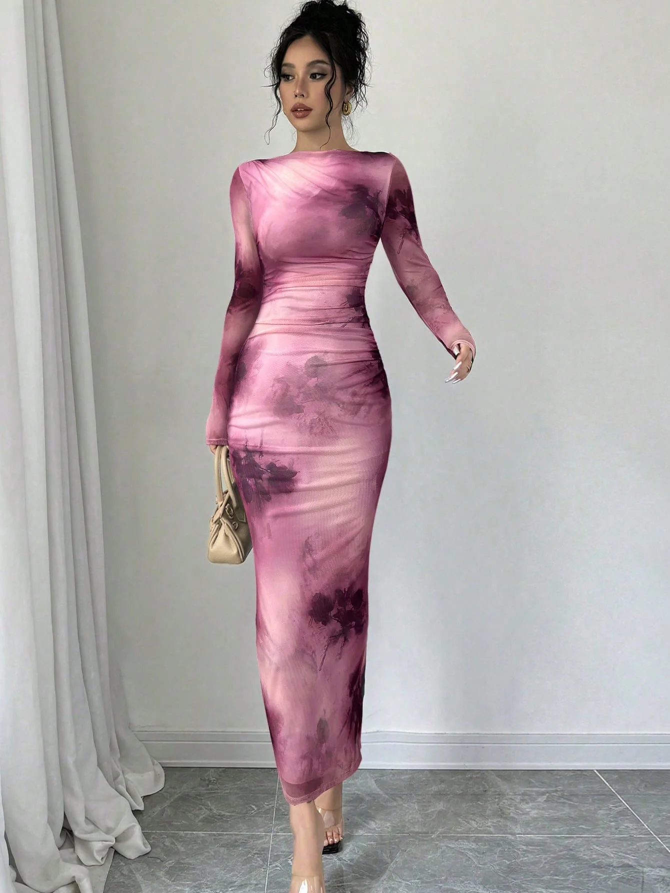 Women's Elegant Long Sleeve Tie-Dye Print Pleated Dress,Tie Dye Printed Long Sleeve Long Maxi Bodycon Elegant Dress, Asymmetric Collar Long Sleeve Elegant Dress For Dating - Image 8