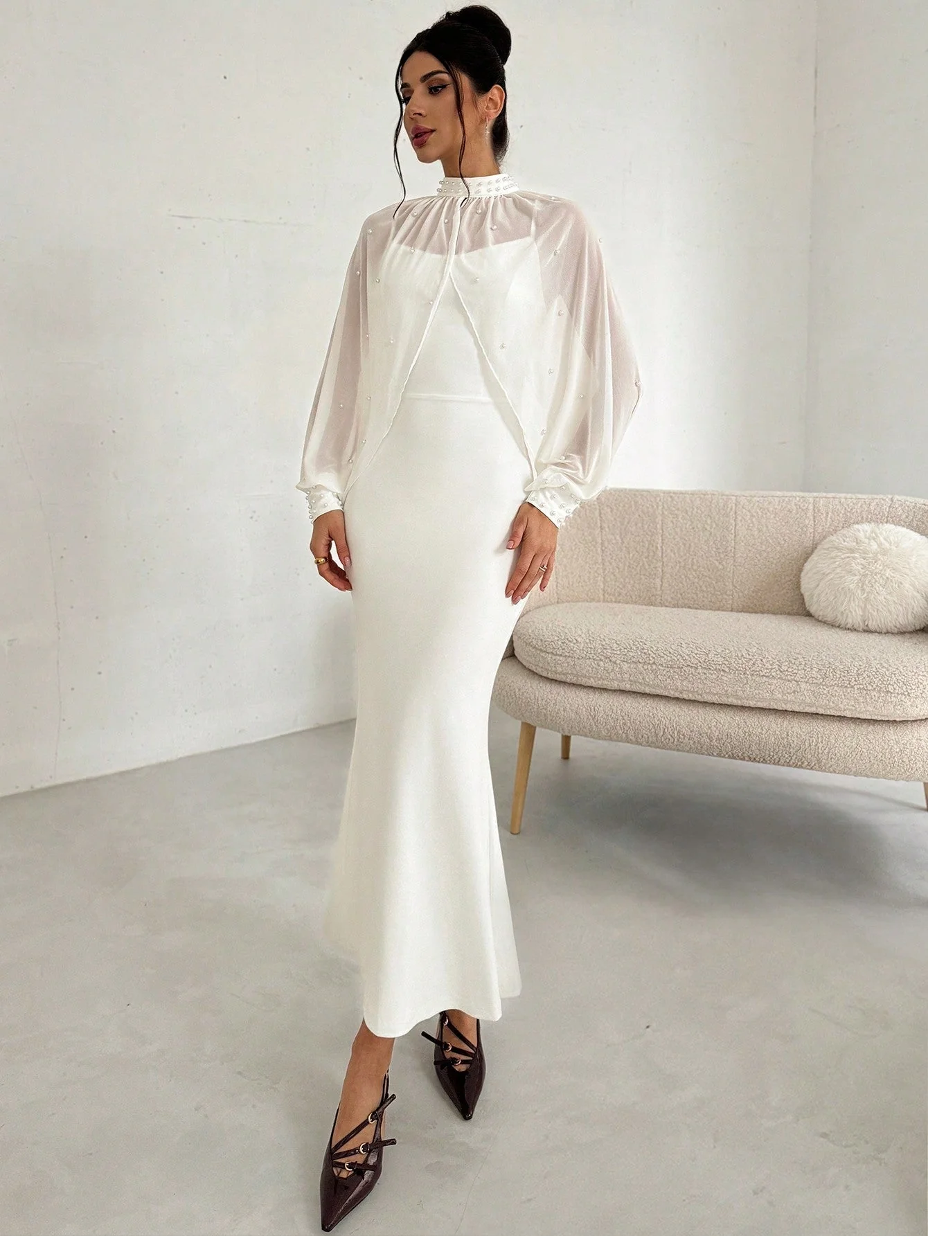 Women's Elegant Minimalist Exquisite Romantic Charming Pearl Mesh Long Sleeve Top And Strappy Form-Fitting Fishtail Dress 2-Piece Set, White - Image 2