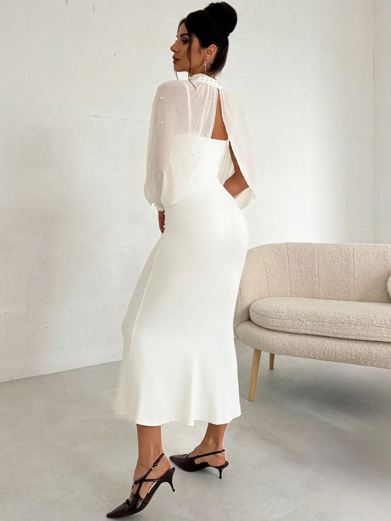 Women's Elegant Minimalist Exquisite Romantic Charming Pearl Mesh Long Sleeve Top And Strappy Form-Fitting Fishtail Dress 2-Piece Set, White - Image 4