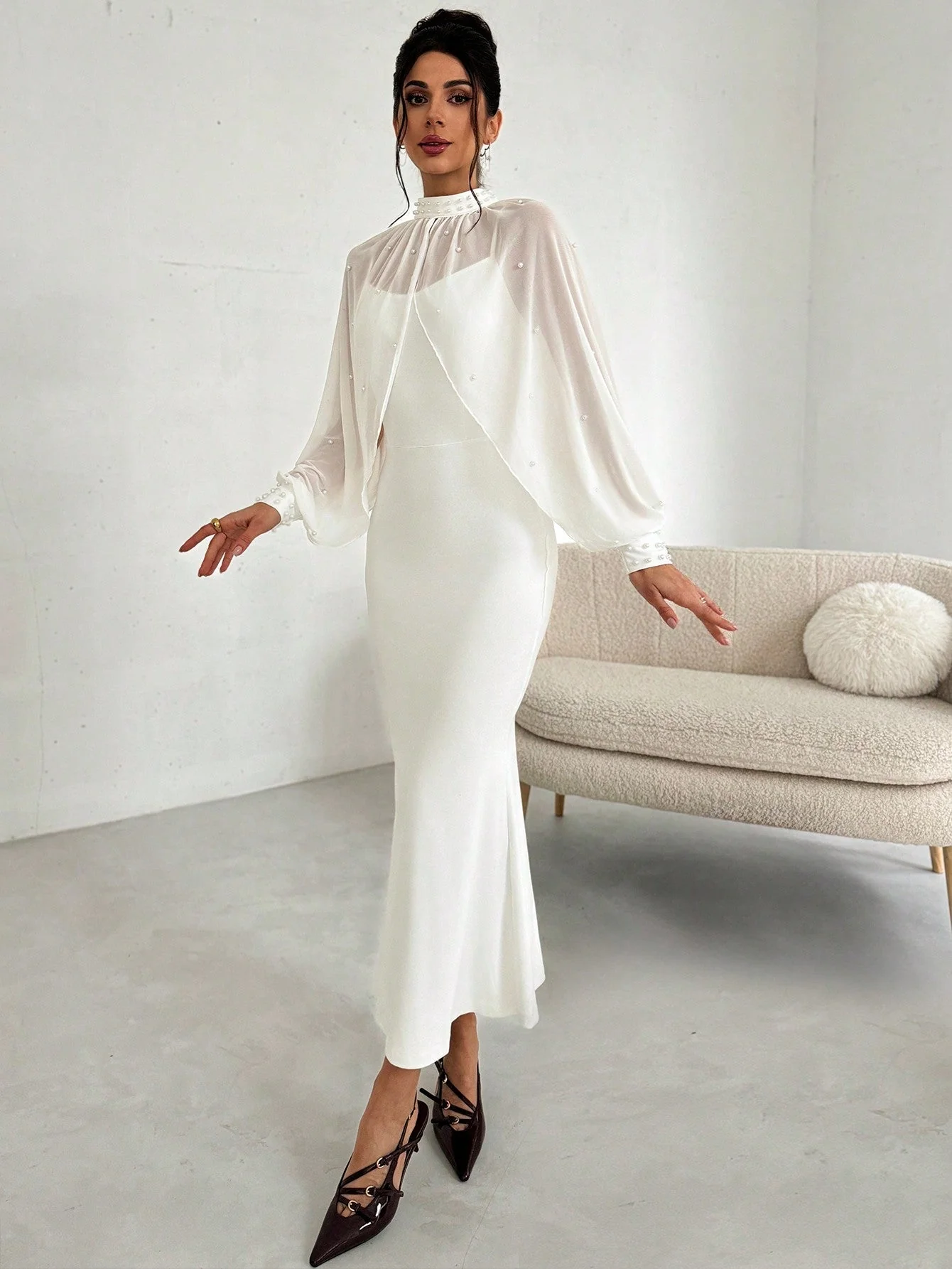 Women's Elegant Minimalist Exquisite Romantic Charming Pearl Mesh Long Sleeve Top And Strappy Form-Fitting Fishtail Dress 2-Piece Set, White - Image 5
