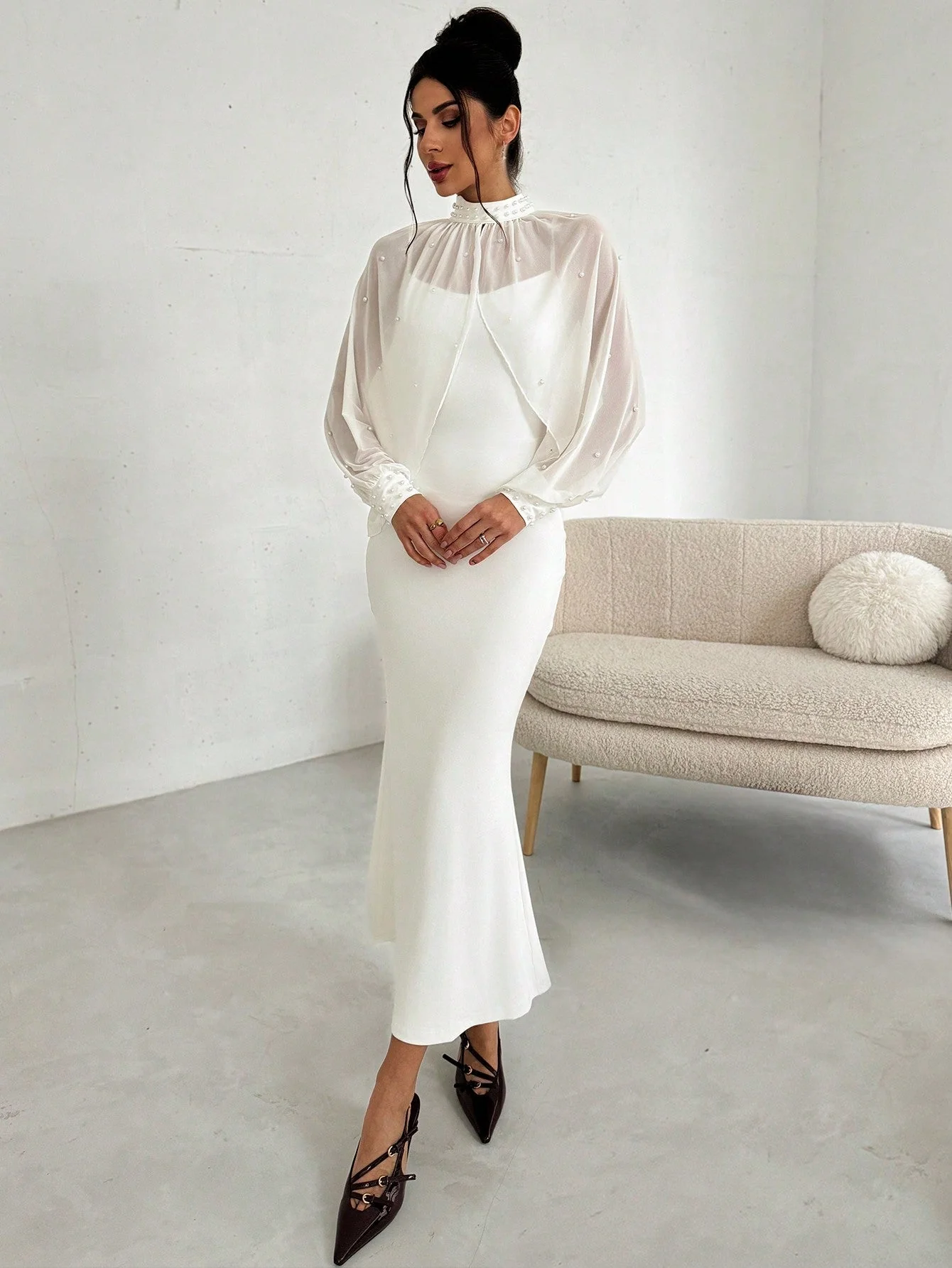 Women's Elegant Minimalist Exquisite Romantic Charming Pearl Mesh Long Sleeve Top And Strappy Form-Fitting Fishtail Dress 2-Piece Set, White - Image 6