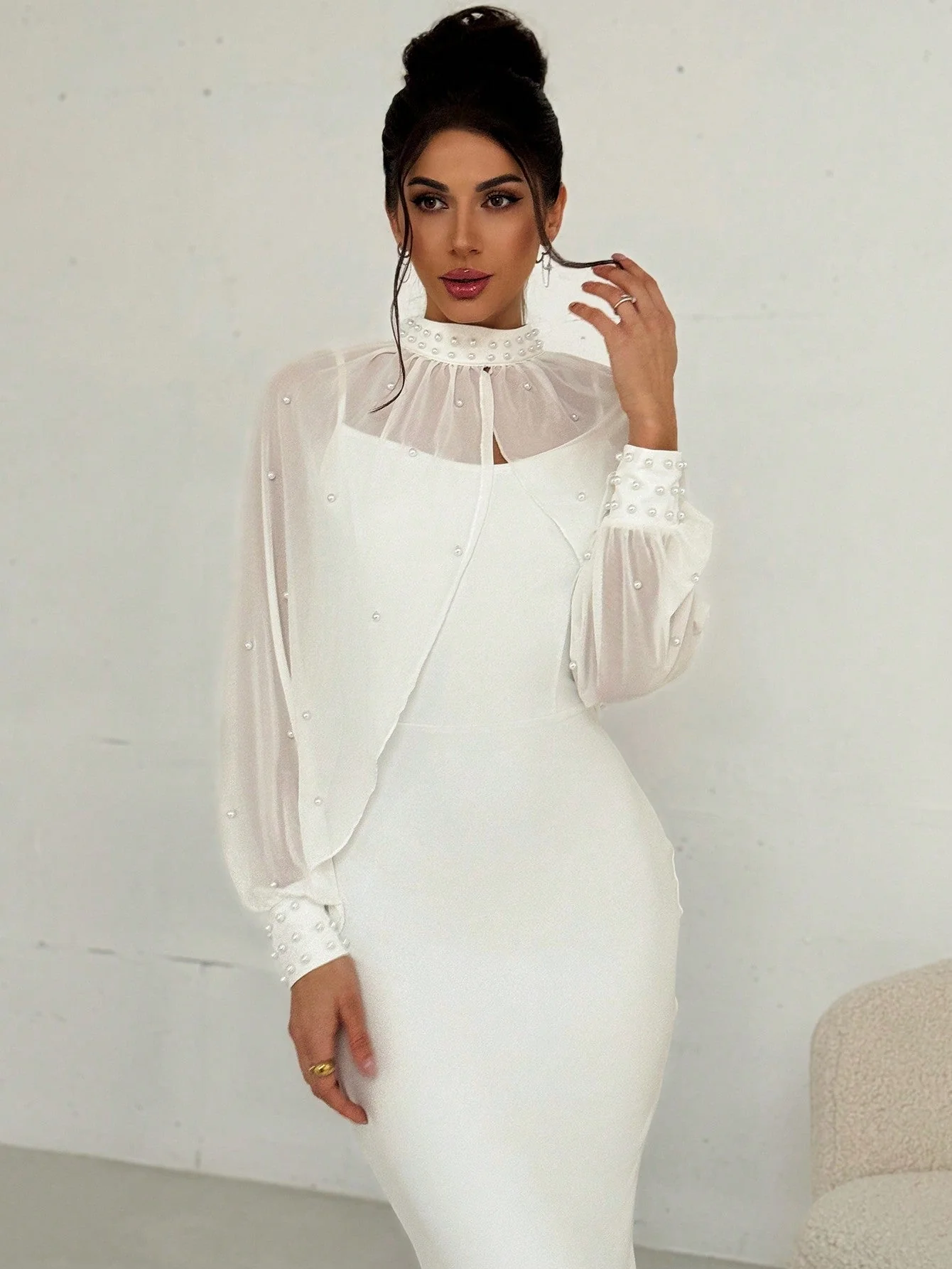 Women's Elegant Minimalist Exquisite Romantic Charming Pearl Mesh Long Sleeve Top And Strappy Form-Fitting Fishtail Dress 2-Piece Set, White - Image 7