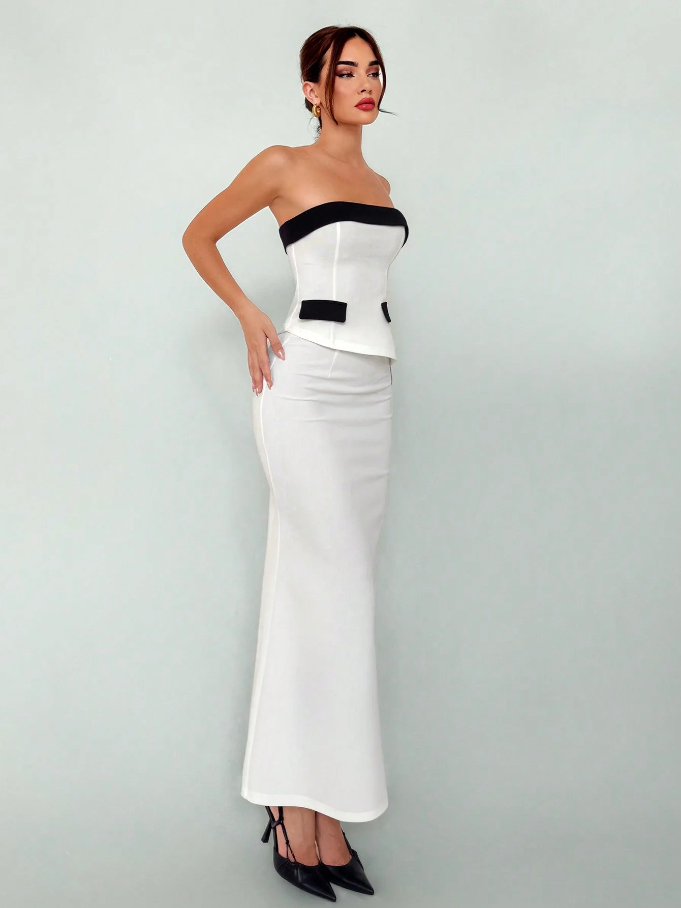 Women's Elegant  New Autumn Winter Sxy Fashionable Office Wear Black And White Contrast Color Bustier Top And High Slit Bodycon Skirt Suit 2pcs/Set  Women Skirt Set Women Suit Set Two Piece - Image 3