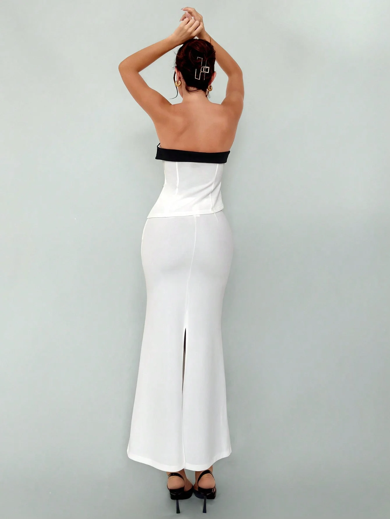 Women's Elegant  New Autumn Winter Sxy Fashionable Office Wear Black And White Contrast Color Bustier Top And High Slit Bodycon Skirt Suit 2pcs/Set  Women Skirt Set Women Suit Set Two Piece - Image 4