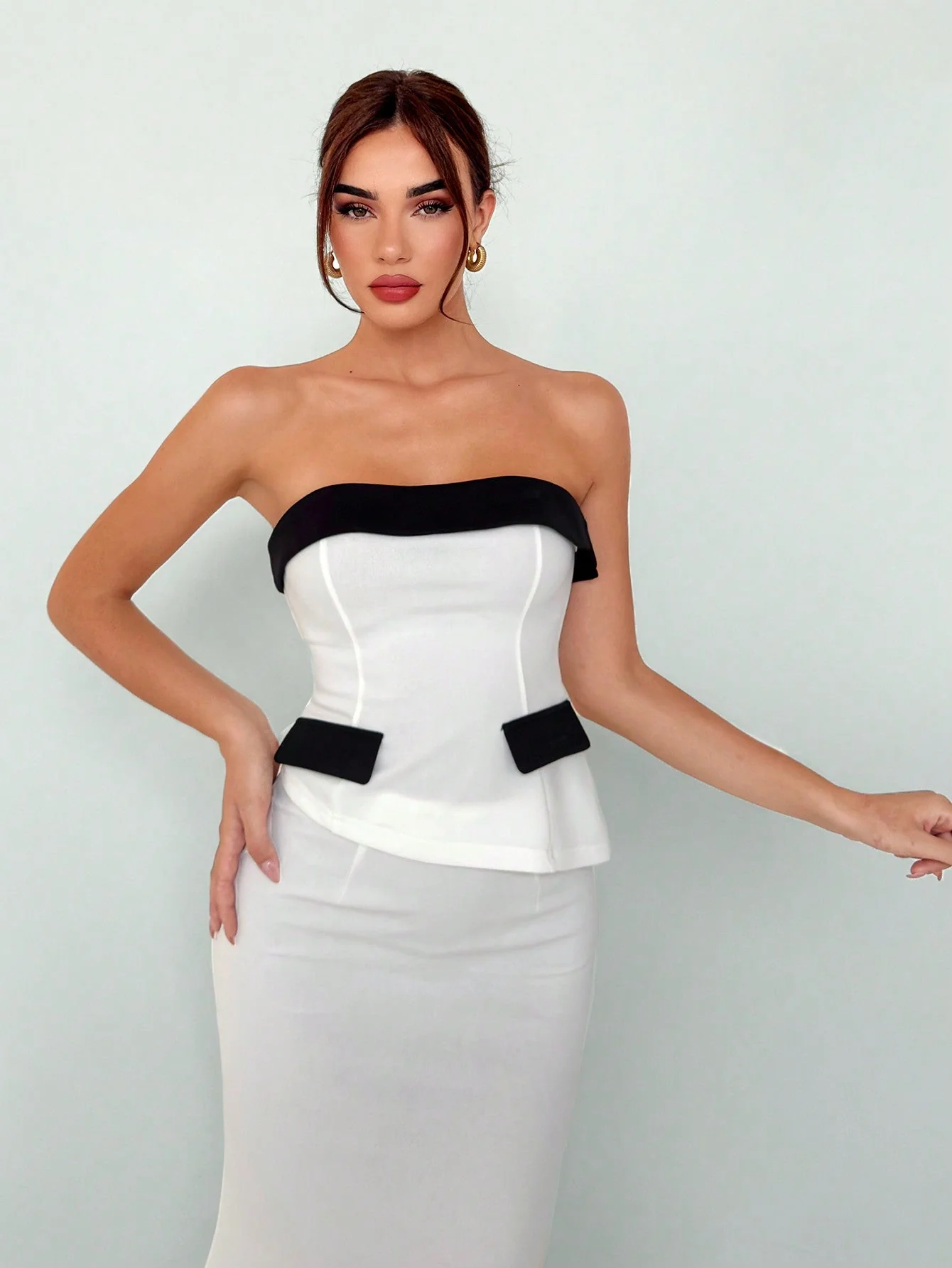 Women's Elegant  New Autumn Winter Sxy Fashionable Office Wear Black And White Contrast Color Bustier Top And High Slit Bodycon Skirt Suit 2pcs/Set  Women Skirt Set Women Suit Set Two Piece - Image 5