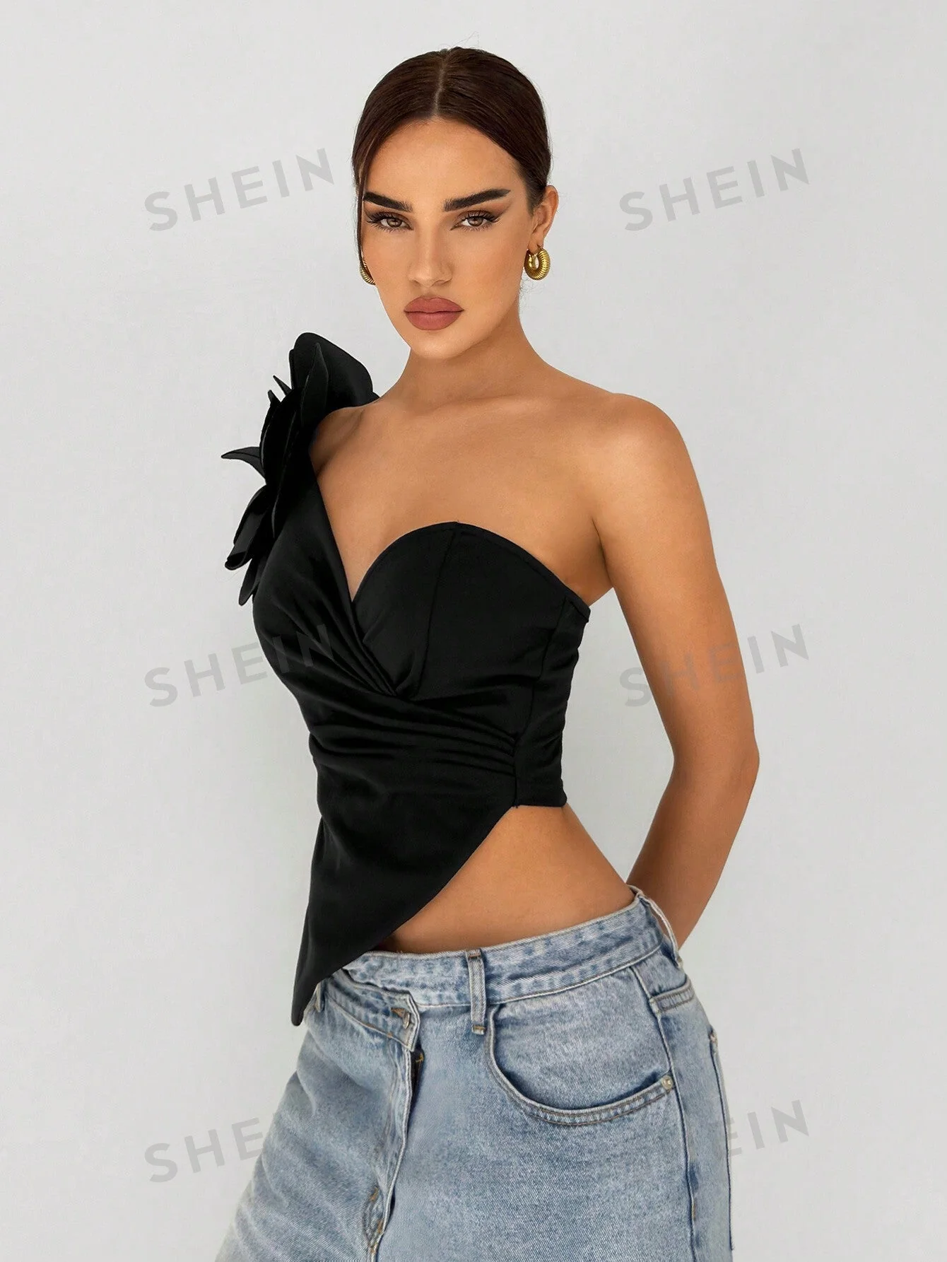 Women's Elegant One Shoulder 3D Flower Decorated Asymmetric Hem Black Top - Image 3