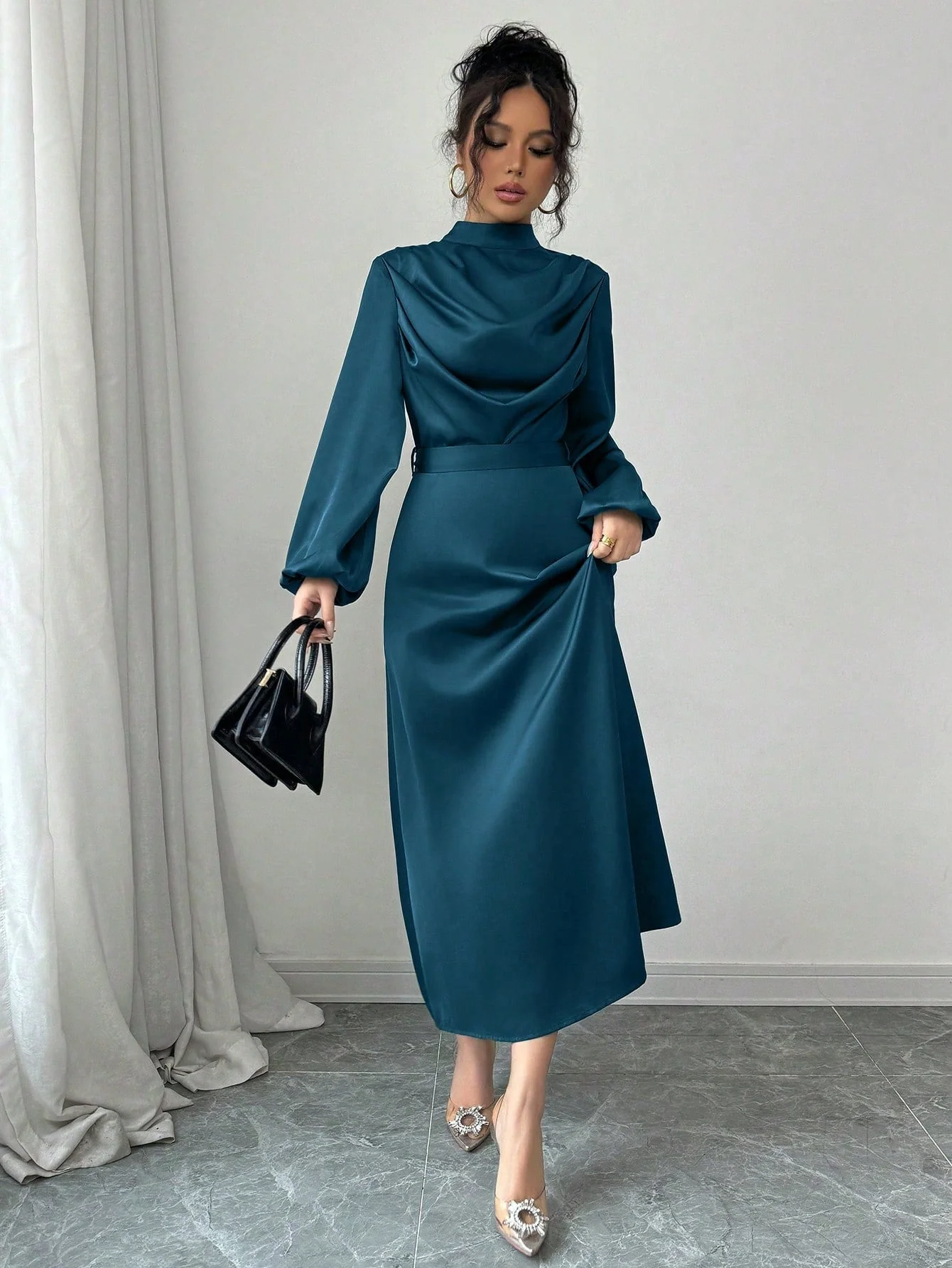 Women's Elegant Satin Shiny Ruched Drape Collar Long Sleeve Flared Dress