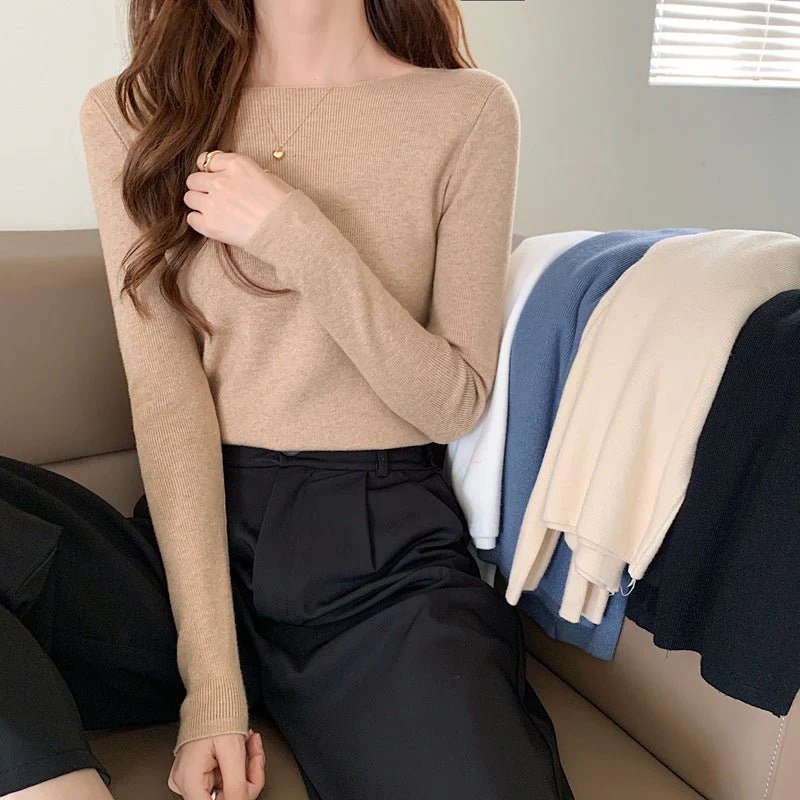Women's Elegant Slim Fit Pullover Sweater – One-Word Collar, Long Sleeve FD