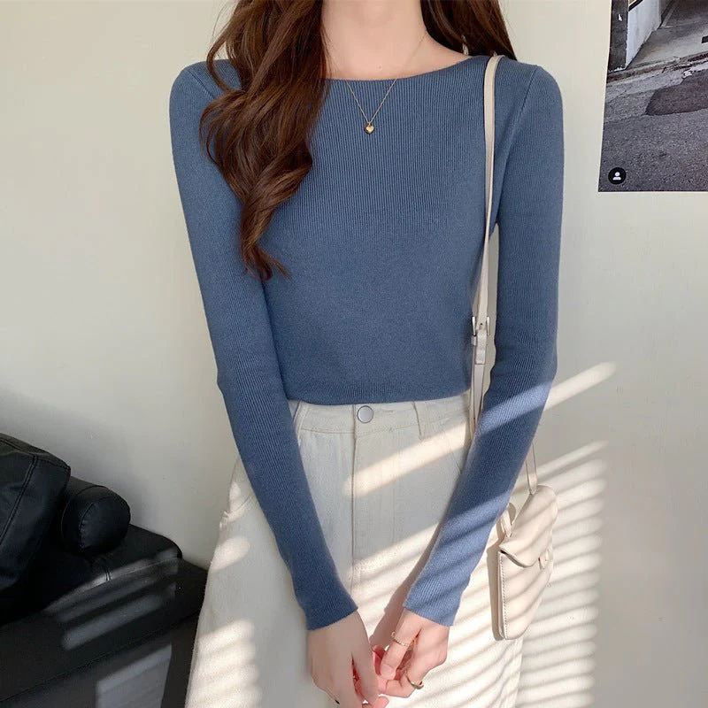 Women's Elegant Slim Fit Pullover Sweater – One-Word Collar, Long Sleeve FD - Image 5