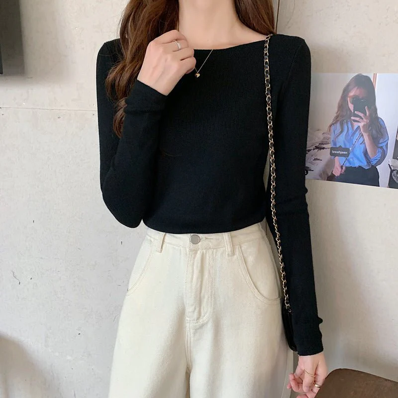 Women's Elegant Slim Fit Pullover Sweater – One-Word Collar, Long Sleeve FD - Image 7