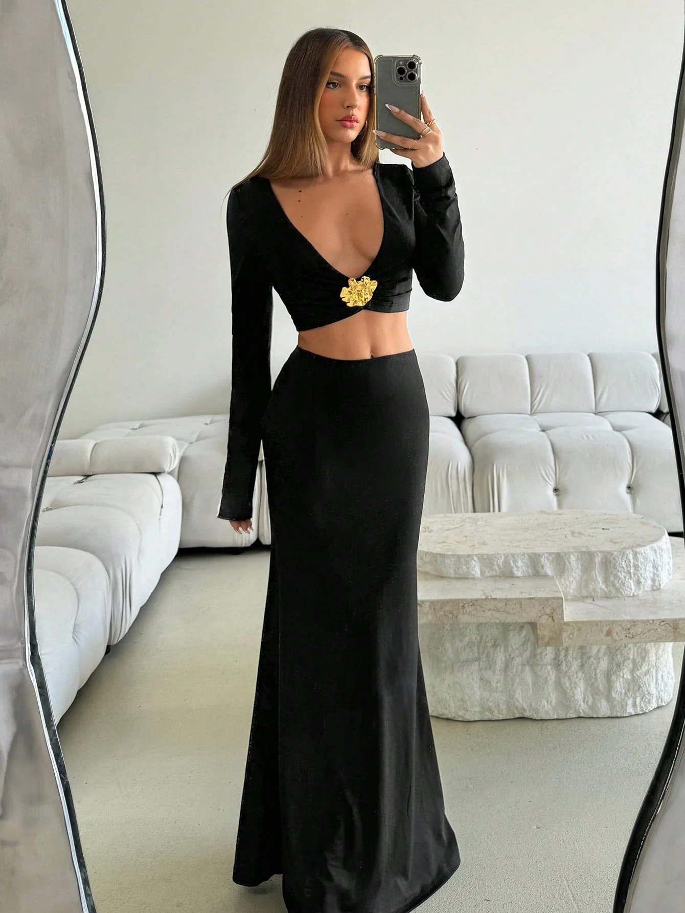 Women's Elegant Sxy Black Deep V Fitted Metallic Flower Long Sleeve Tops And Ultra Low Waist Fitted Extra Long Mermaid Skirt 2 Piece Set - Image 6