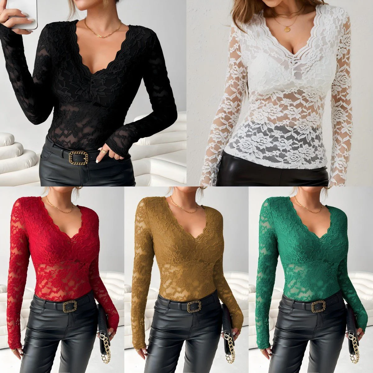 Women's elegant V-neck scalloped collar edge long-sleeved slim-fitting slim pullover lace top (FD)
