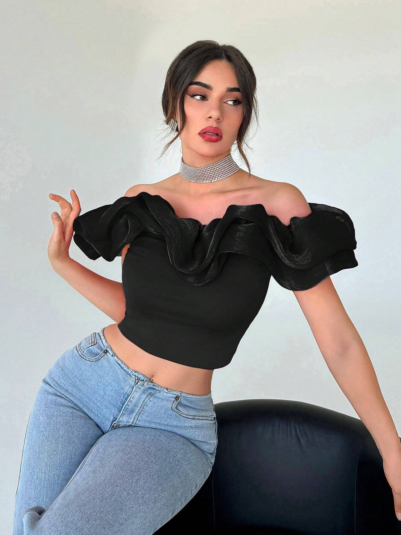 Women's Exaggerated Off Shoulder Cropped Top - Image 12