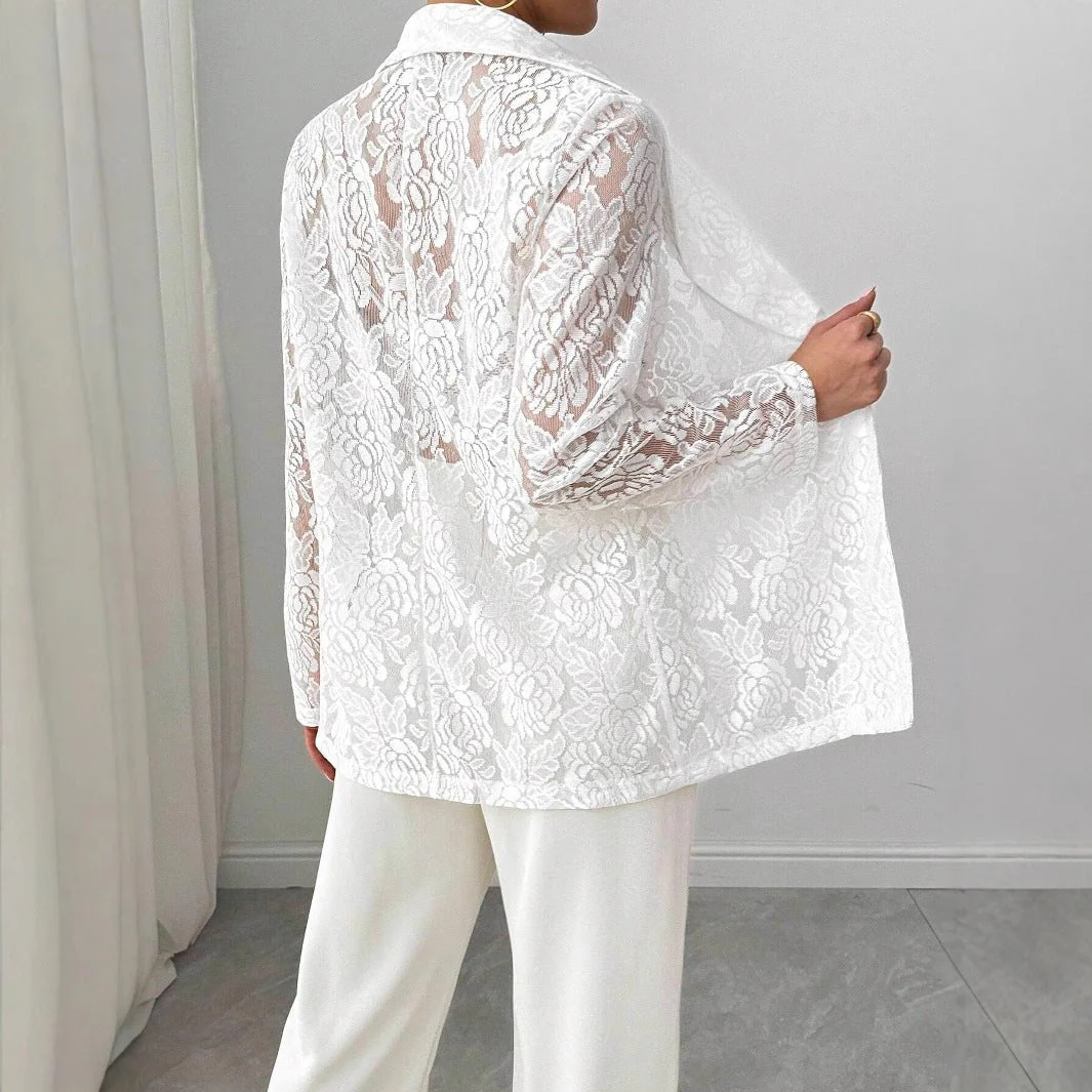 Women's fashion lace embroidery white casual new blazer - Image 2