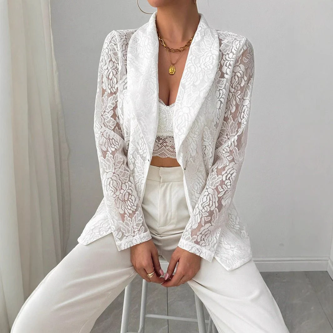 Women's fashion lace embroidery white casual new blazer - Image 6