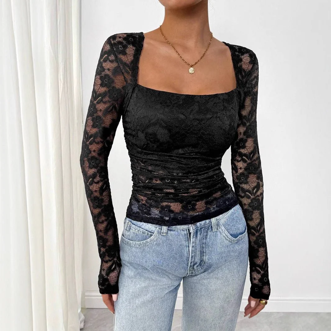 Women's lace floral square neck pleated design long-sleeved T-shirt - Image 4