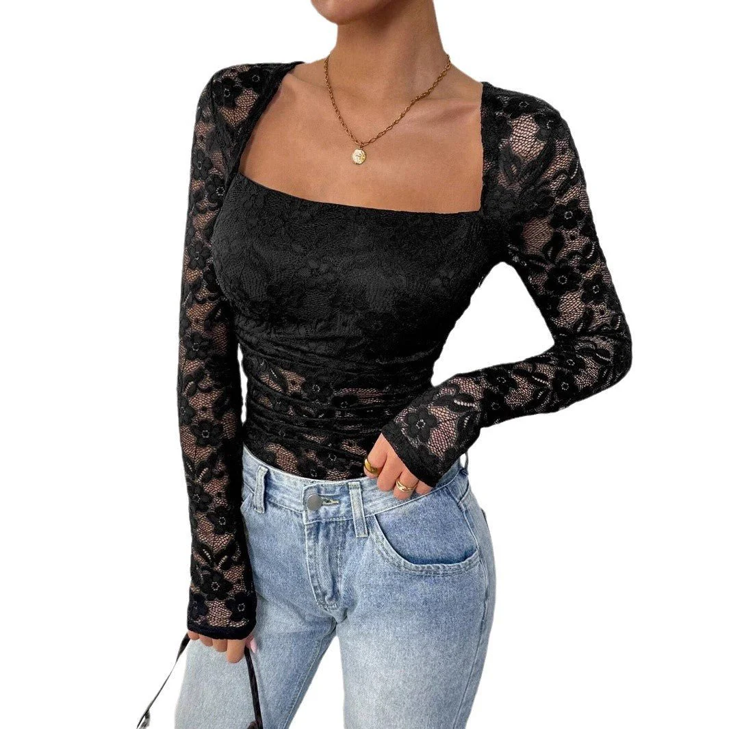 Women's lace floral square neck pleated design long-sleeved T-shirt - Image 5