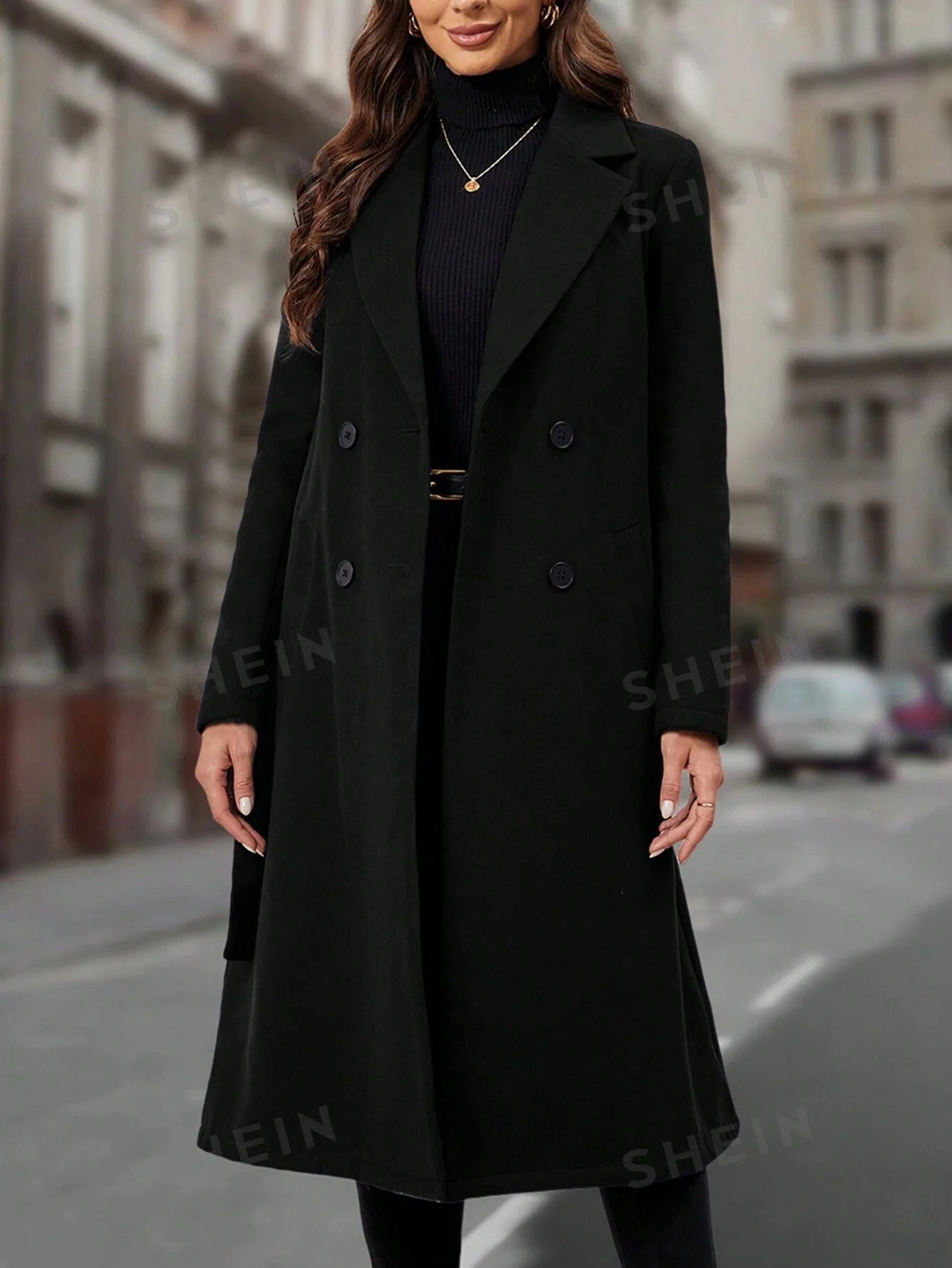 Women's Lapel Collar Double-breasted Woolen Coat - Image 4