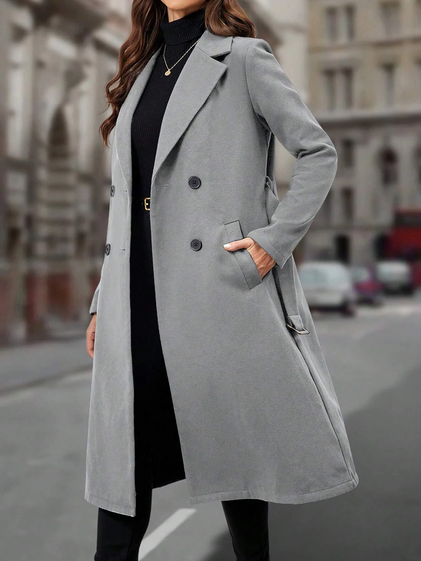 Women's Lapel Collar Double-breasted Woolen Coat - Image 8