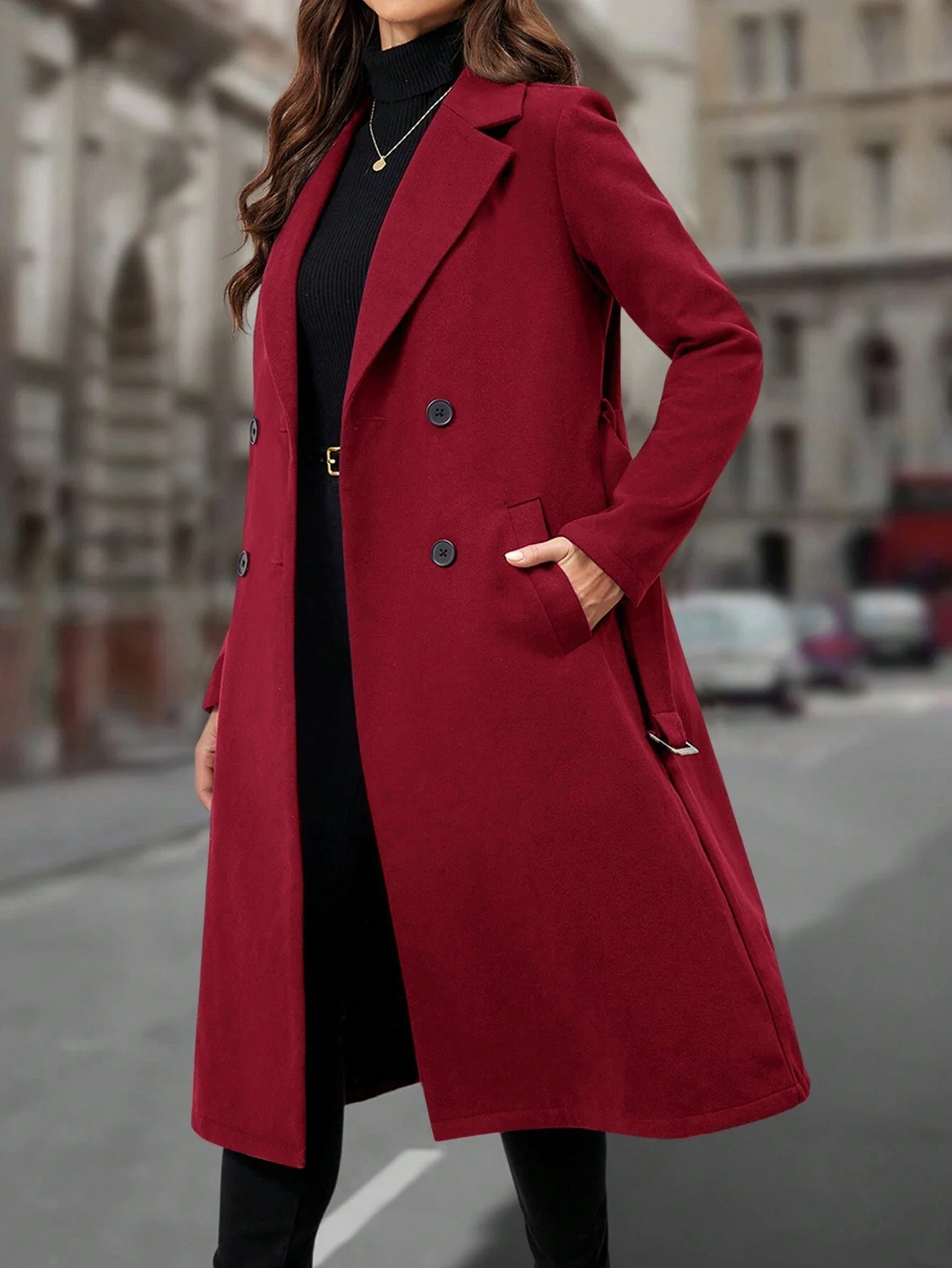 Women's Lapel Collar Double-breasted Woolen Coat - Image 9