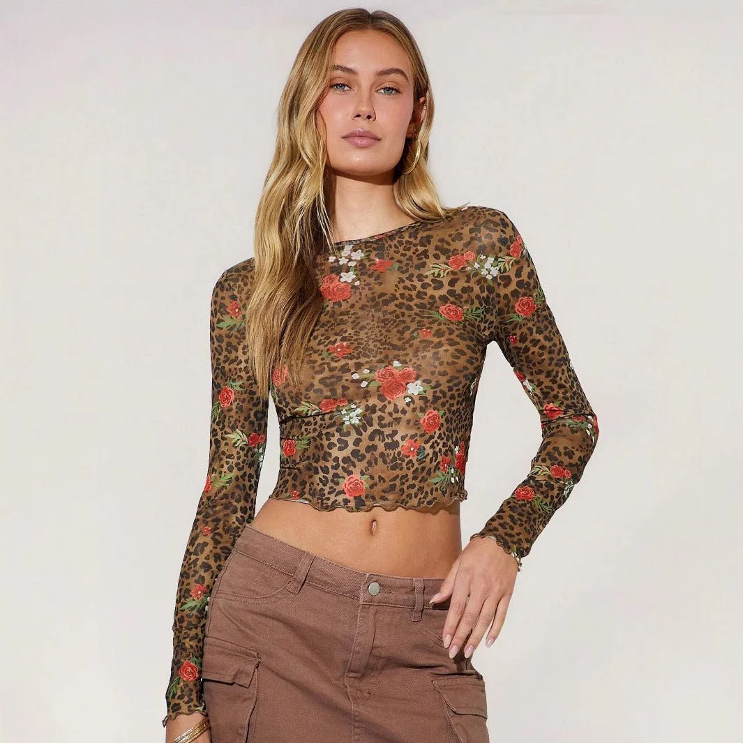 Women's leopard print flower printing mesh yarn crew neck short long-sleeved T-shirt top