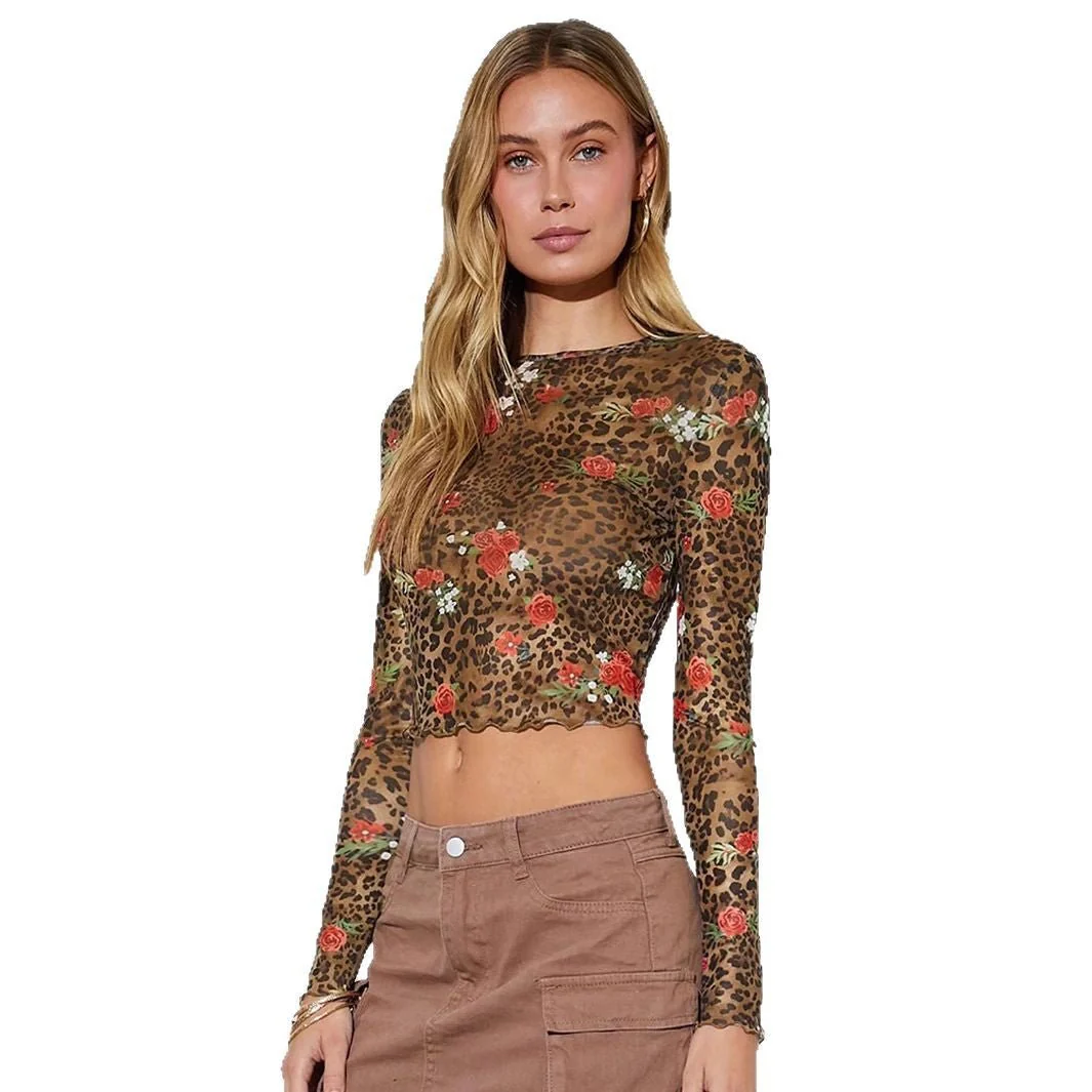 Women's leopard print flower printing mesh yarn crew neck short long-sleeved T-shirt top - Image 5