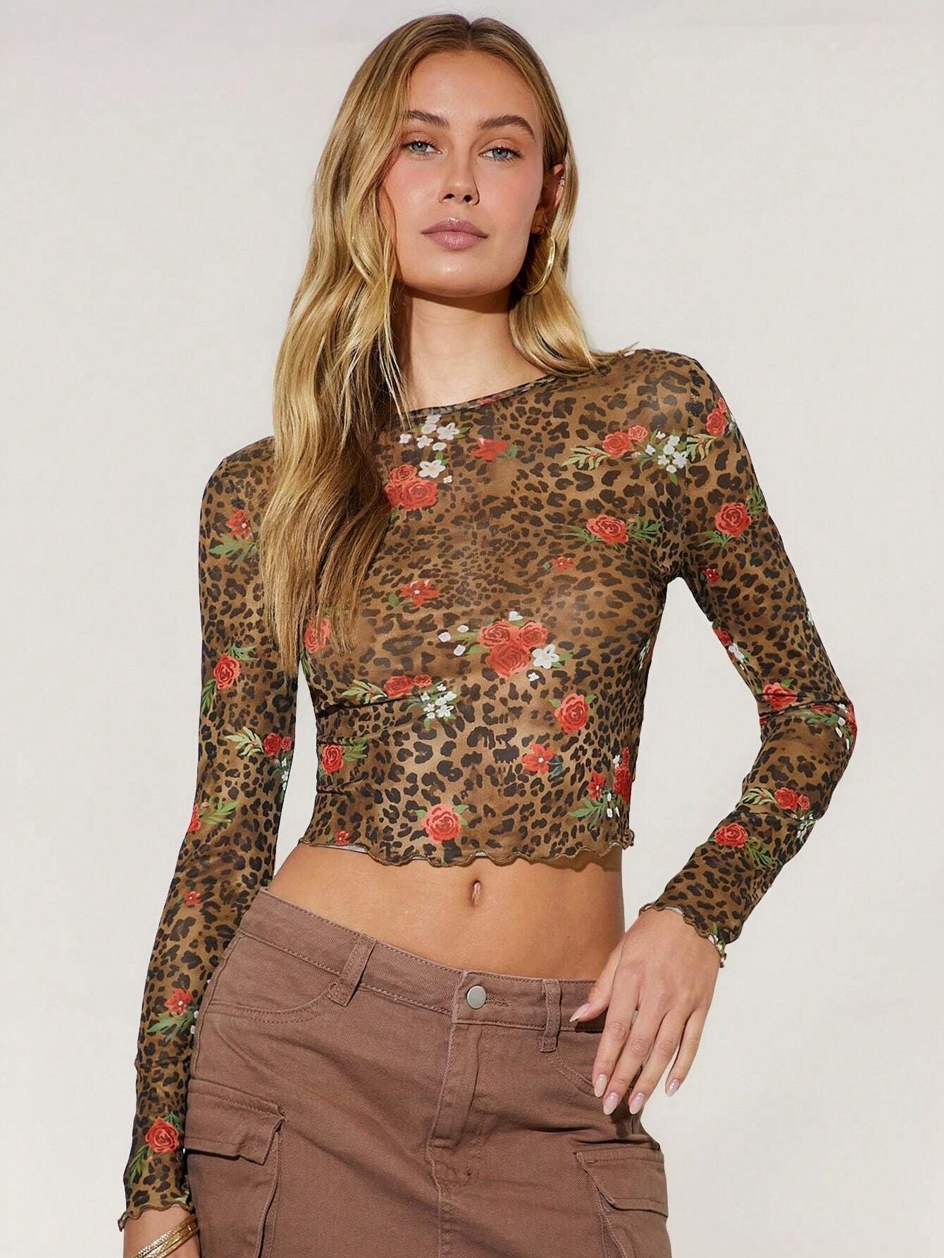 Women's leopard print flower printing mesh yarn crew neck short long-sleeved T-shirt top - Image 6