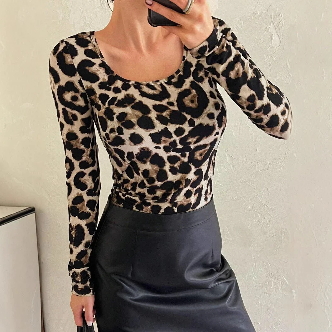 Women's leopard print large round neck slim long-sleeved T-shirt top
