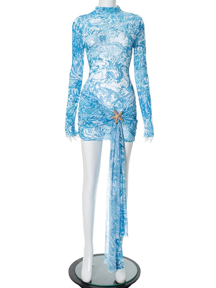 Women's long-sleeved contrasting color printing tight-fitting hip-wrapped pleated ribbon short dress - Image 5