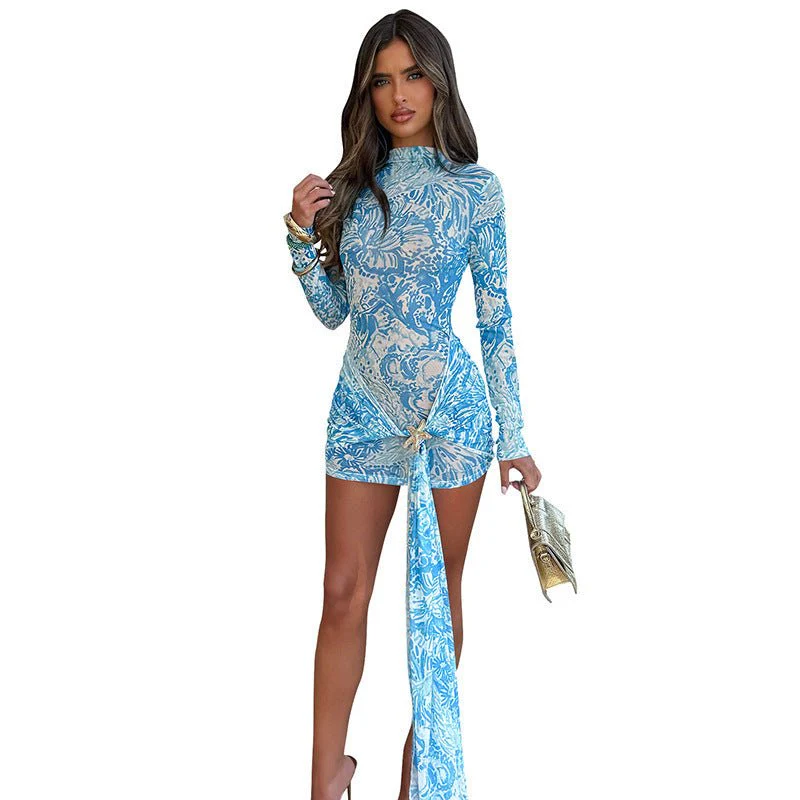 Women's long-sleeved contrasting color printing tight-fitting hip-wrapped pleated ribbon short dress - Image 9