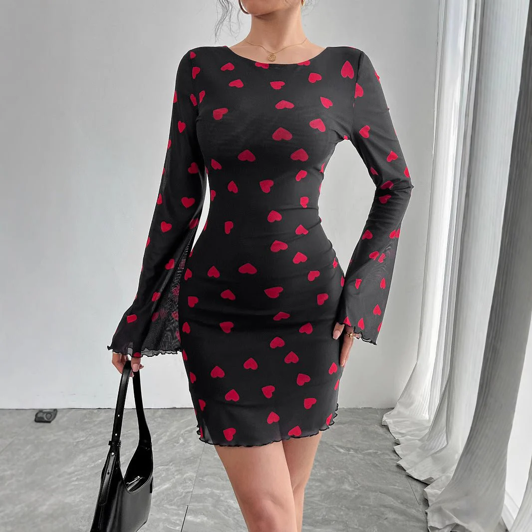 Women's love printing horn sleeve backless mesh dress