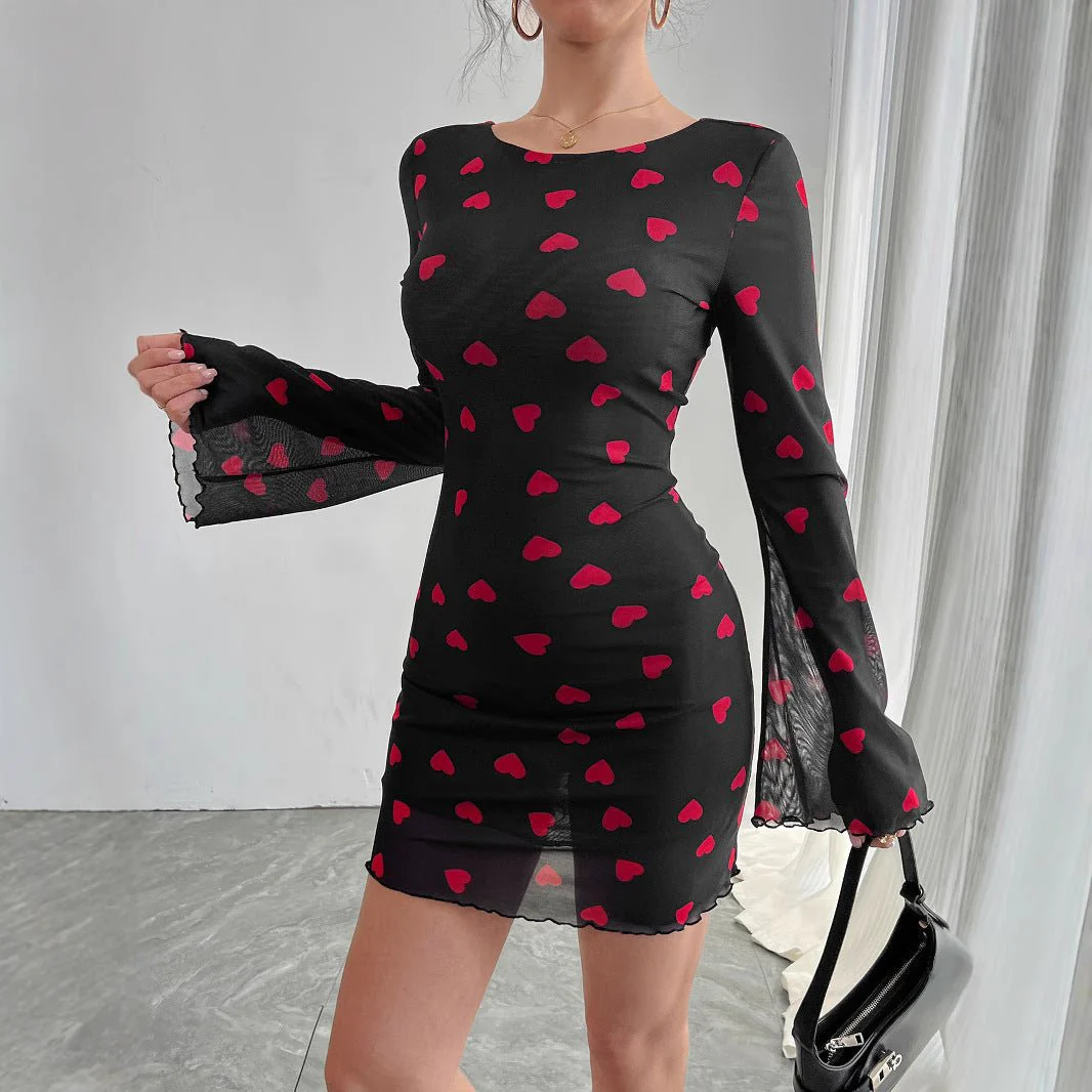 Women's love printing horn sleeve backless mesh dress - Image 3