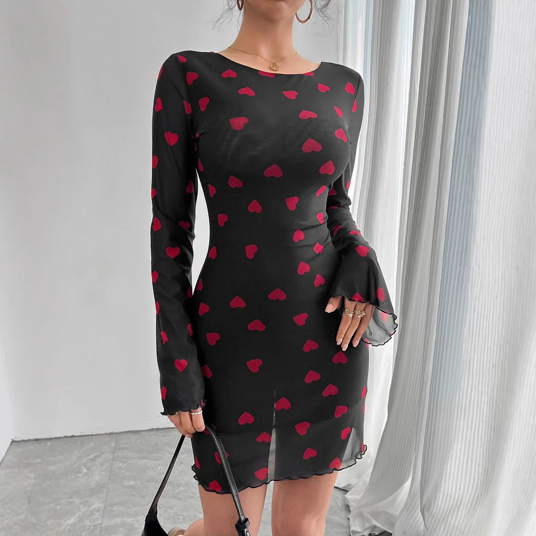 Women's love printing horn sleeve backless mesh dress - Image 4