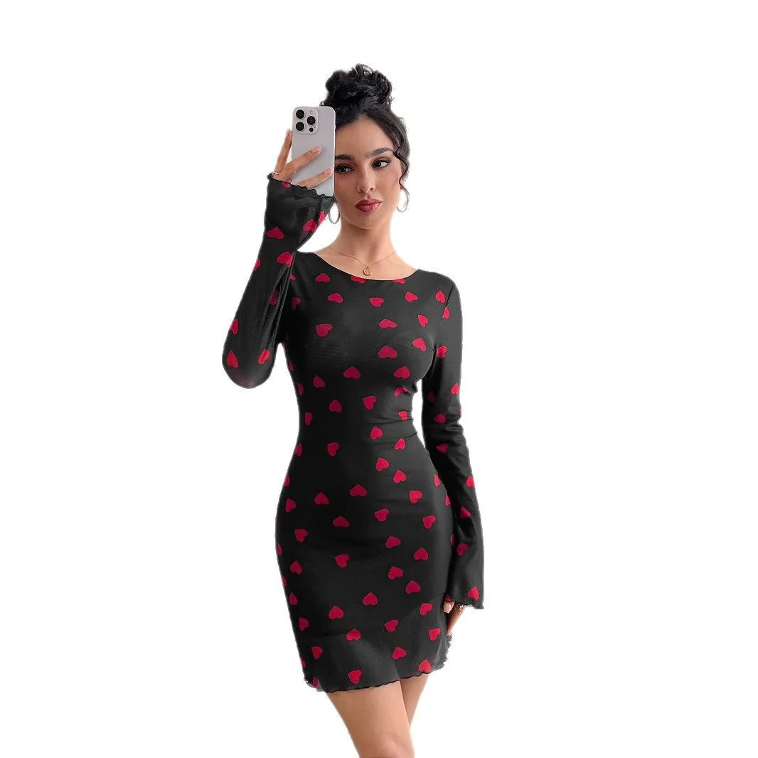 Women's love printing horn sleeve backless mesh dress - Image 5
