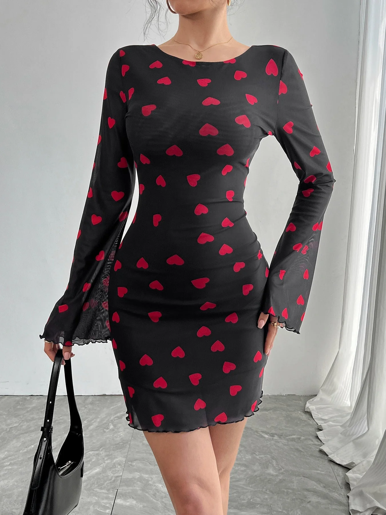 Women's love printing horn sleeve backless mesh dress - Image 6