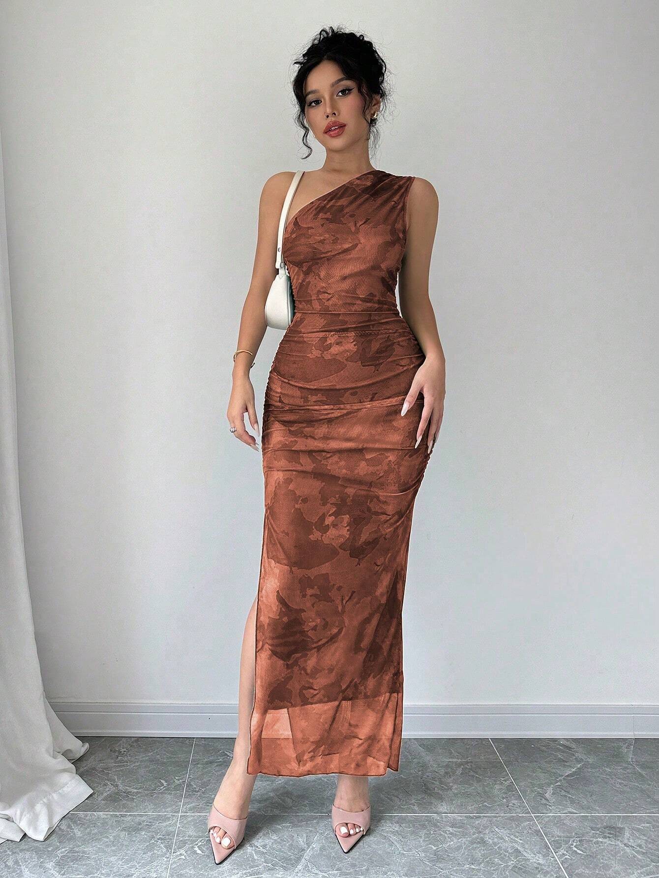 Women's Luxury Evening Dress, Tie Dye Print Asymmetrical Neckline Sleeveless Sxy Dress - Image 10