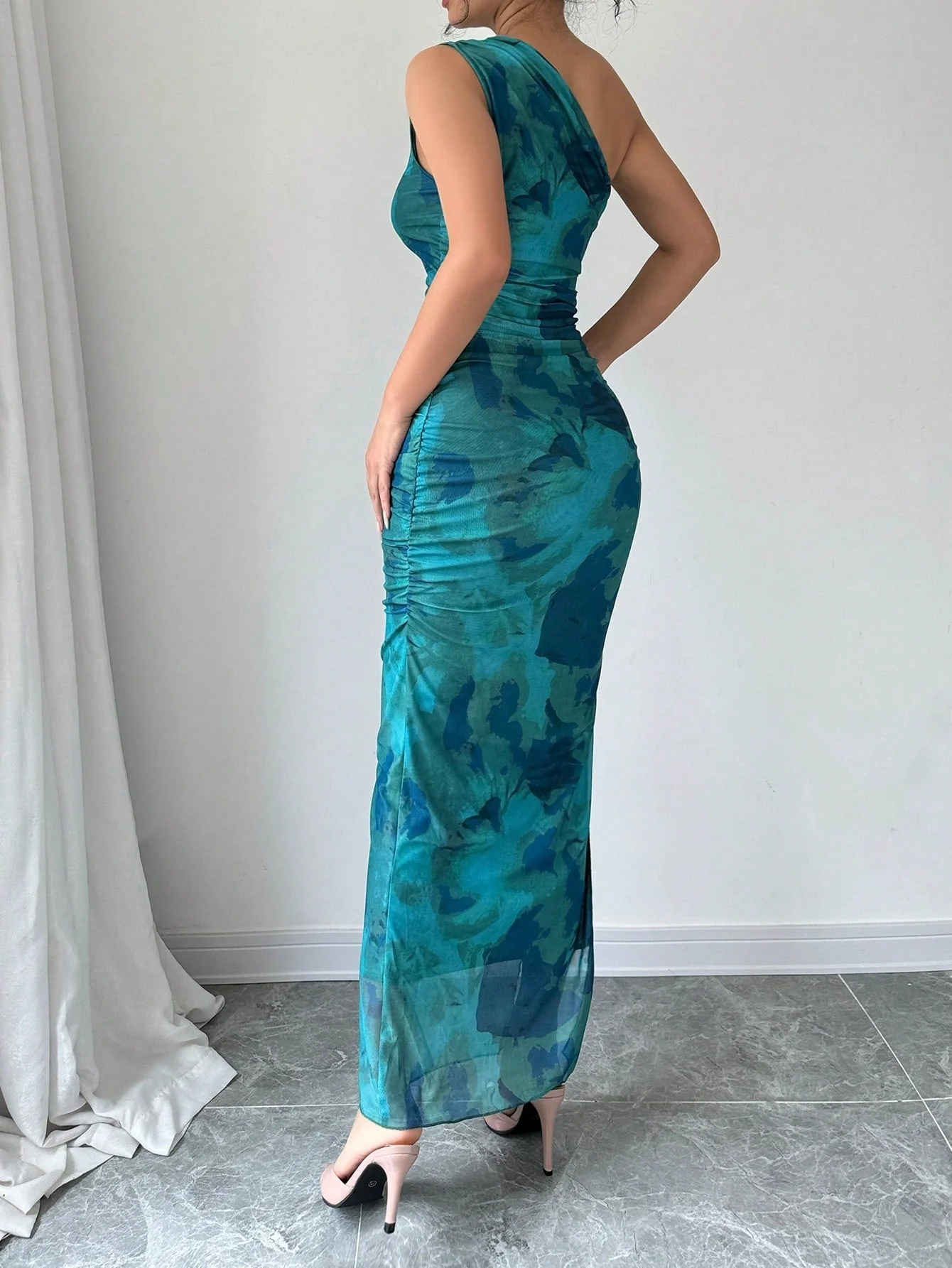 Women's Luxury Evening Dress, Tie Dye Print Asymmetrical Neckline Sleeveless Sxy Dress - Image 4