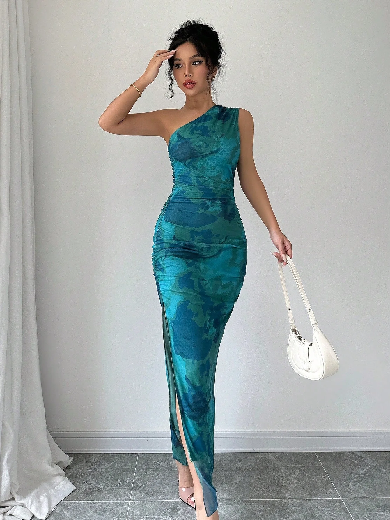 Women's Luxury Evening Dress, Tie Dye Print Asymmetrical Neckline Sleeveless Sxy Dress - Image 5