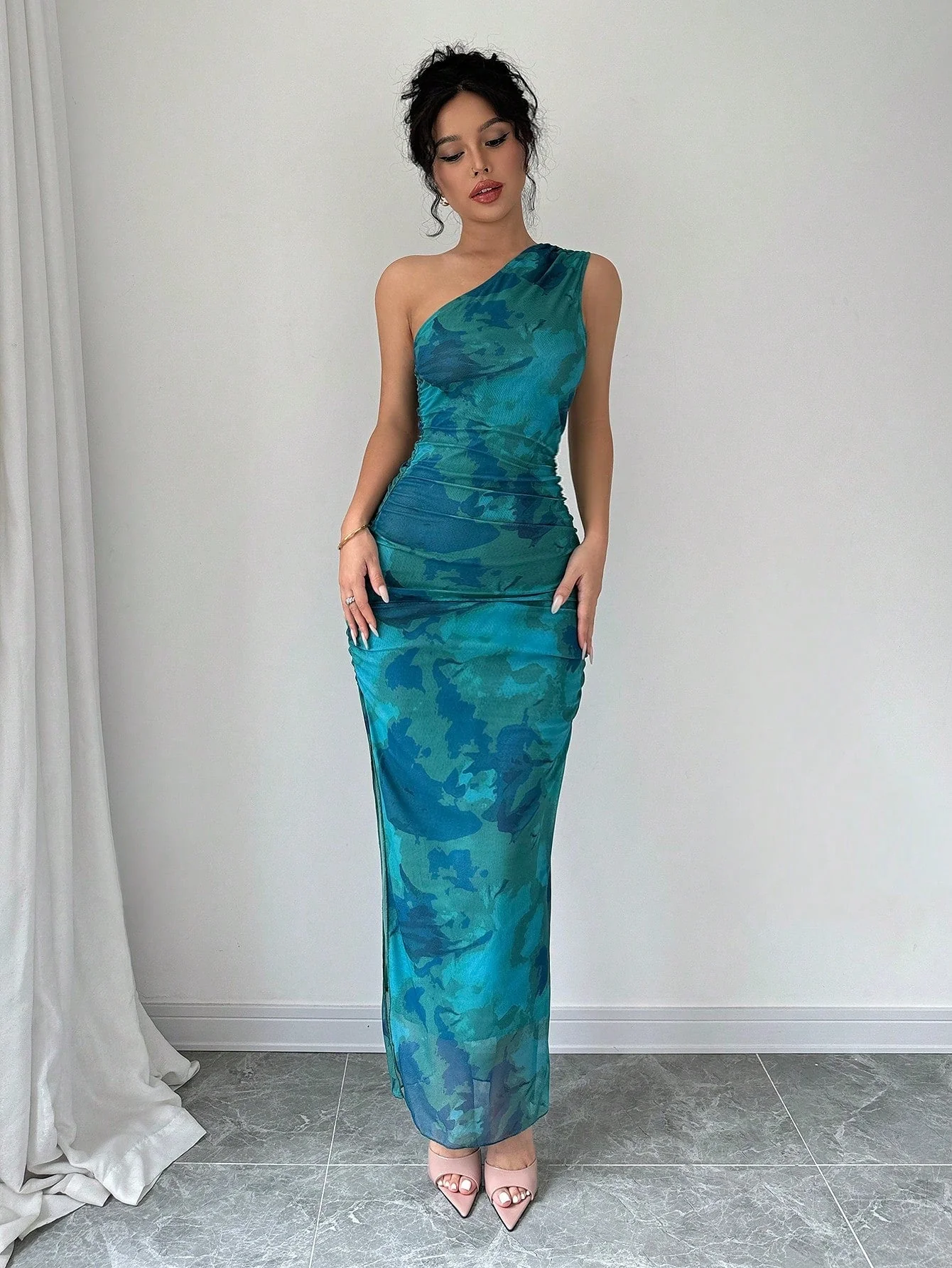 Women's Luxury Evening Dress, Tie Dye Print Asymmetrical Neckline Sleeveless Sxy Dress - Image 6