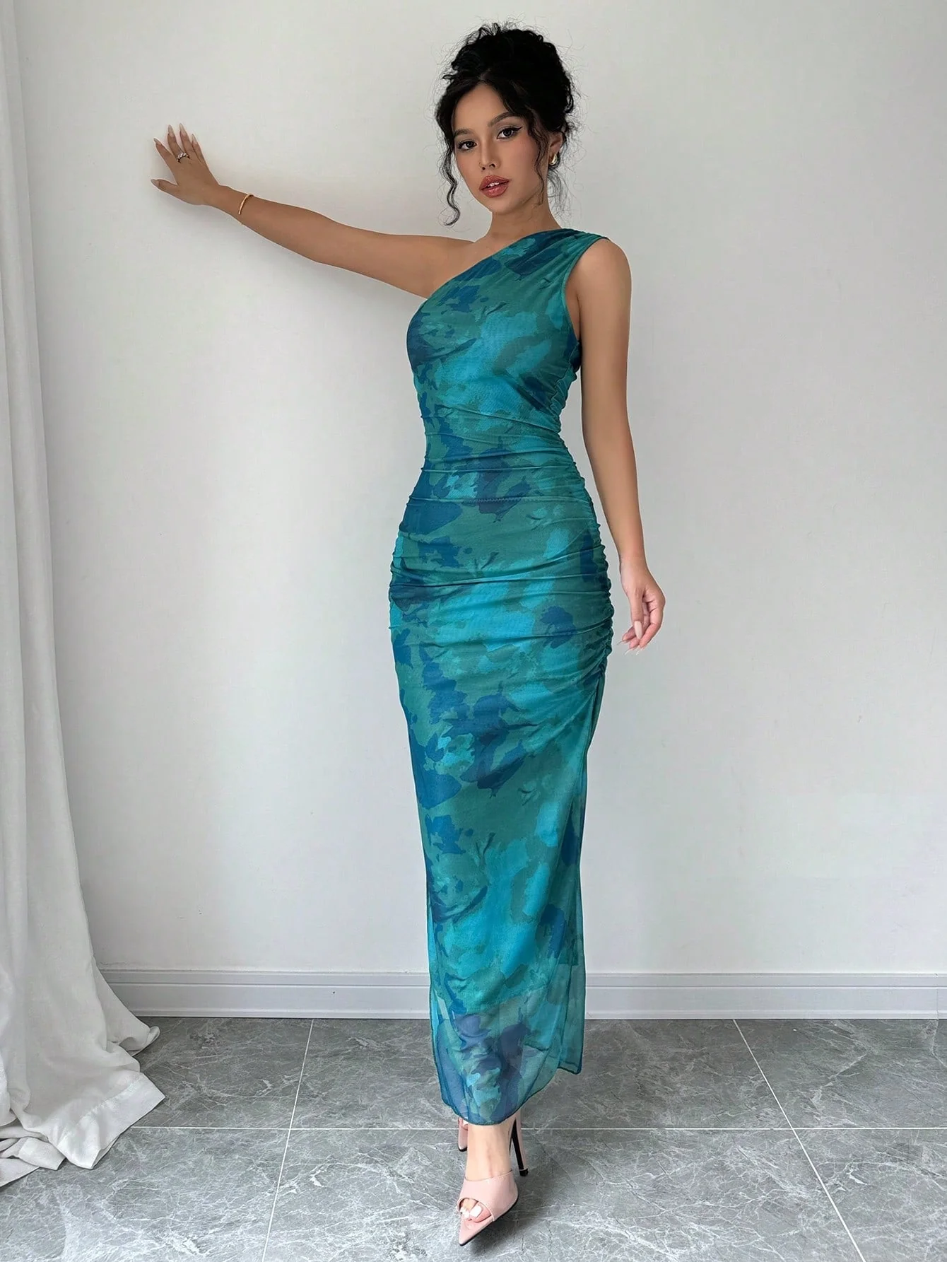 Women's Luxury Evening Dress, Tie Dye Print Asymmetrical Neckline Sleeveless Sxy Dress - Image 7