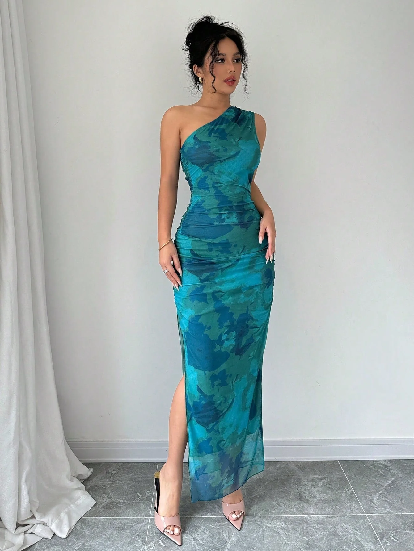 Women's Luxury Evening Dress, Tie Dye Print Asymmetrical Neckline Sleeveless Sxy Dress - Image 8