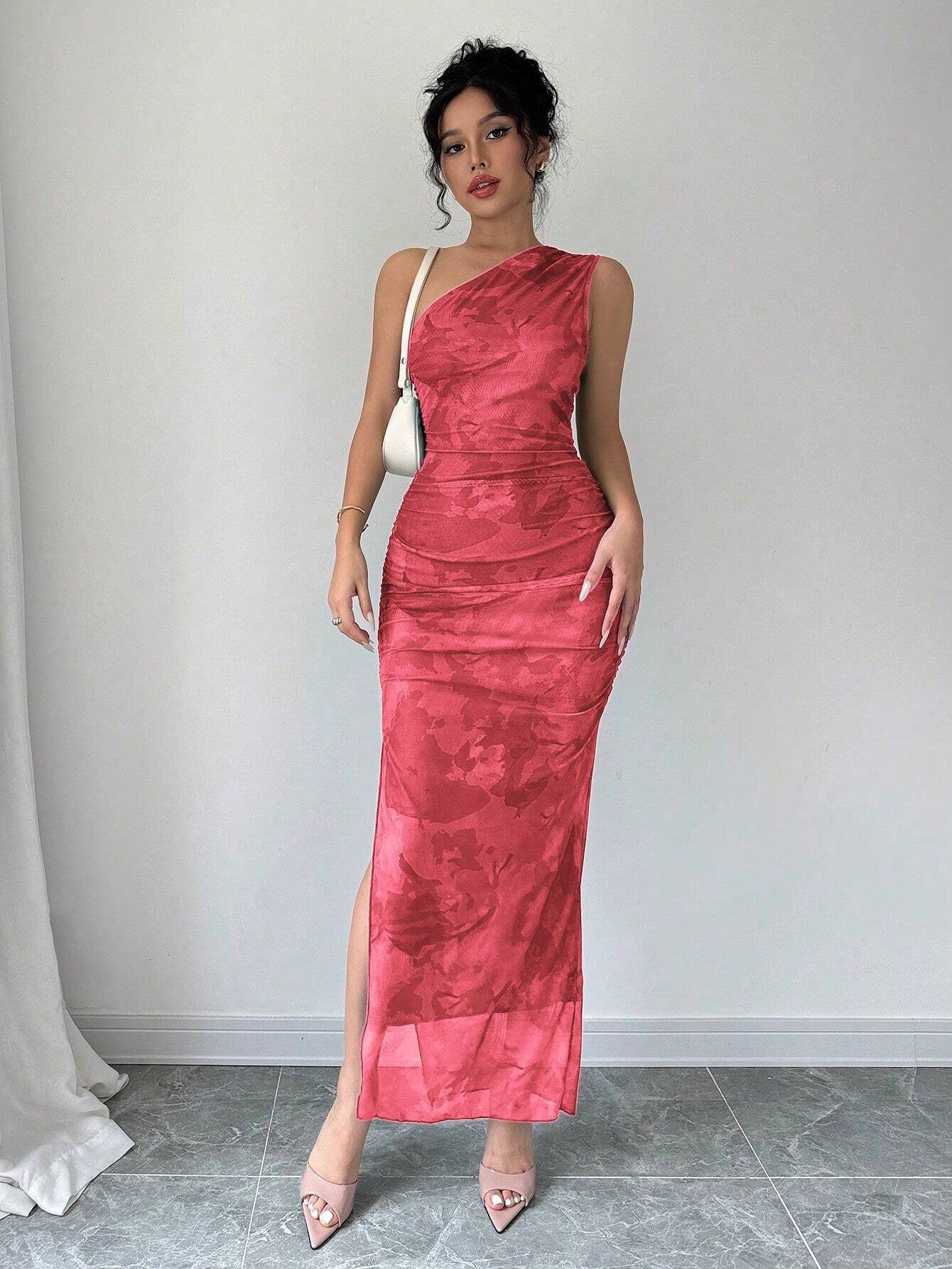 Women's Luxury Evening Dress, Tie Dye Print Asymmetrical Neckline Sleeveless Sxy Dress - Image 9