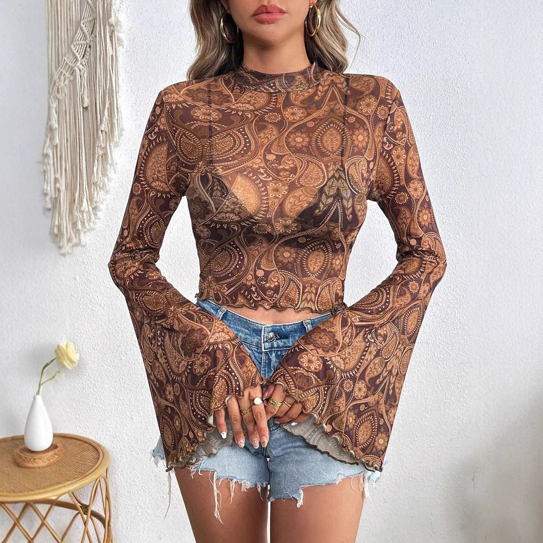 Women's mesh printing crew neck flared sleeve long sleeve T-shirt